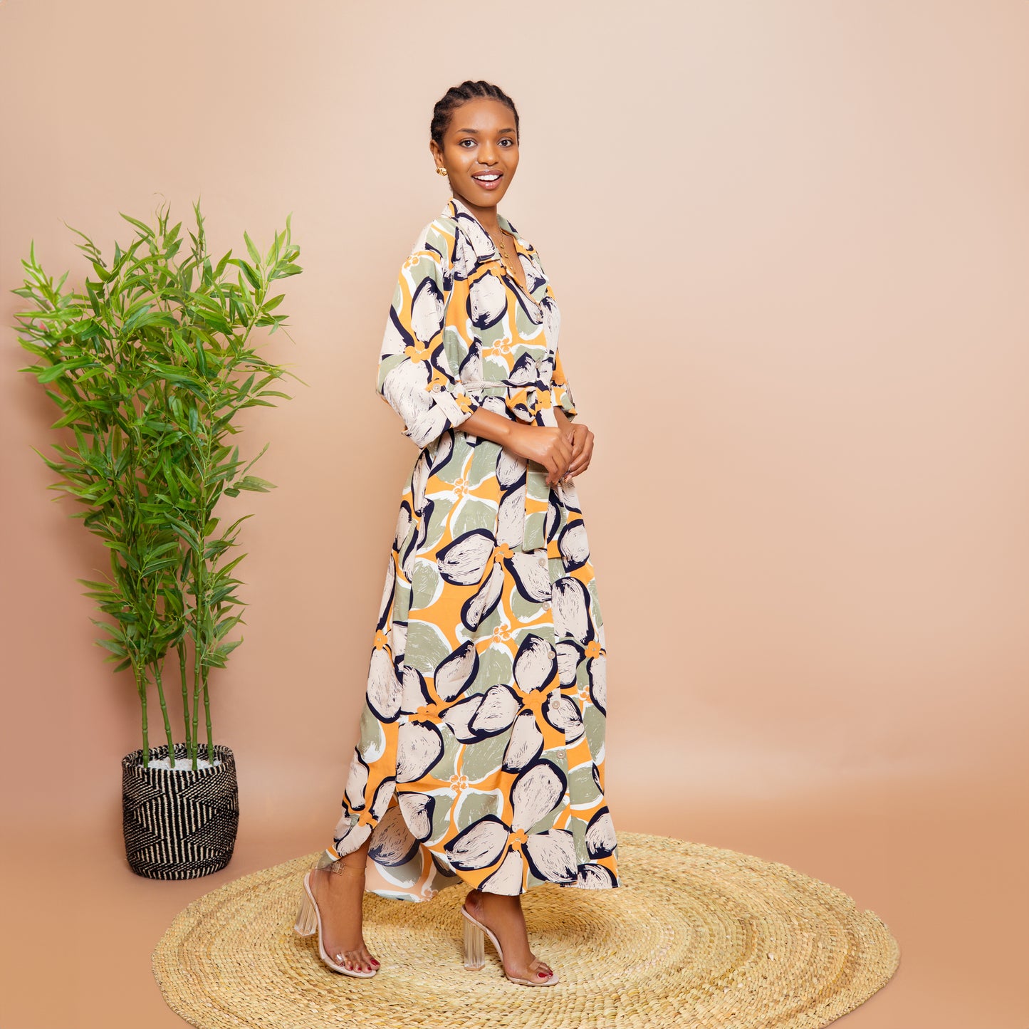 Tropical Floral Scalloped Hem Maxi Dress - Olive Green/Mustard