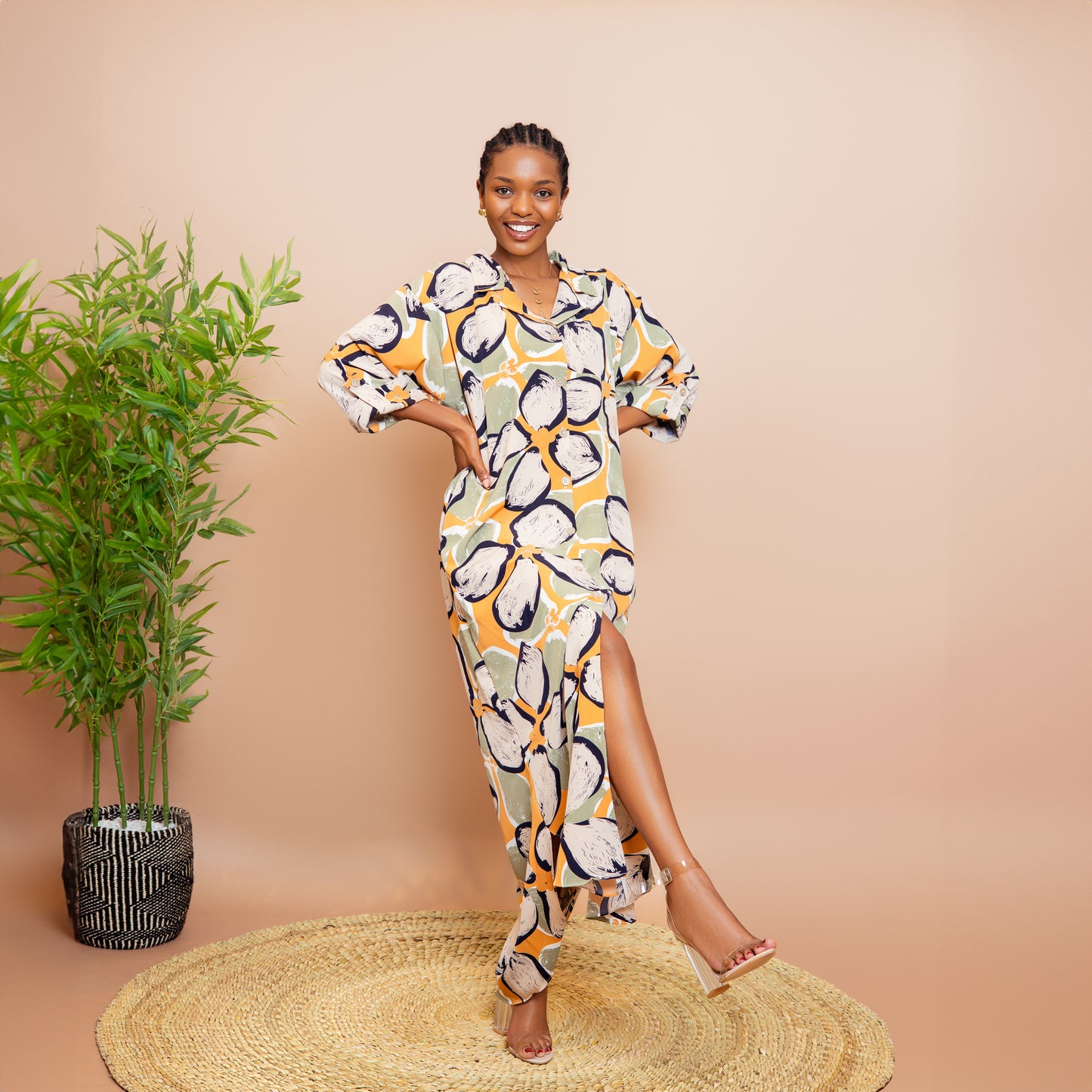 Tropical Floral Scalloped Hem Maxi Dress - Olive Green/Mustard
