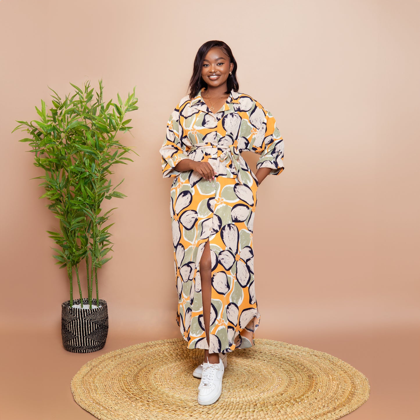 Tropical Floral Scalloped Hem Maxi Dress - Olive Green/Mustard
