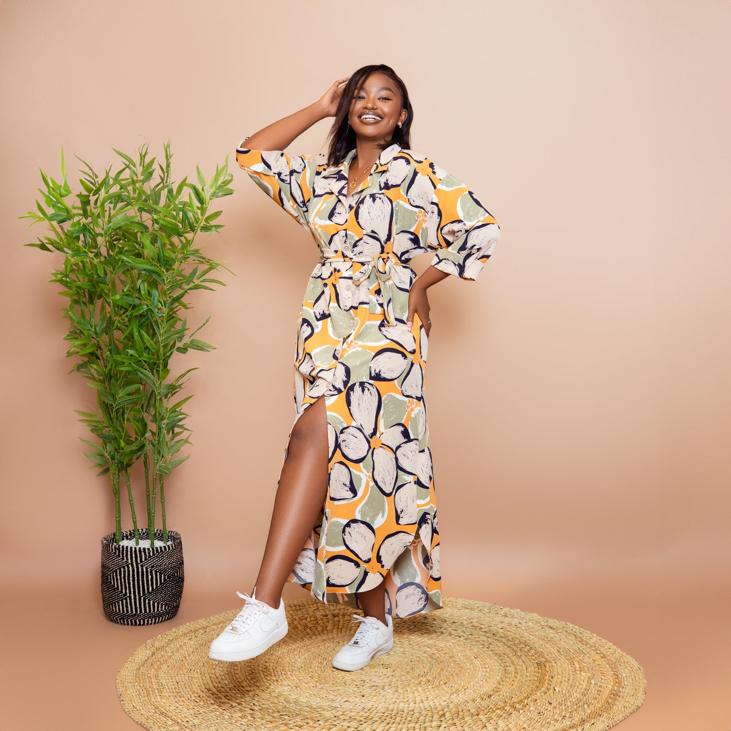 Tropical Floral Scalloped Hem Maxi Dress - Olive Green/Mustard