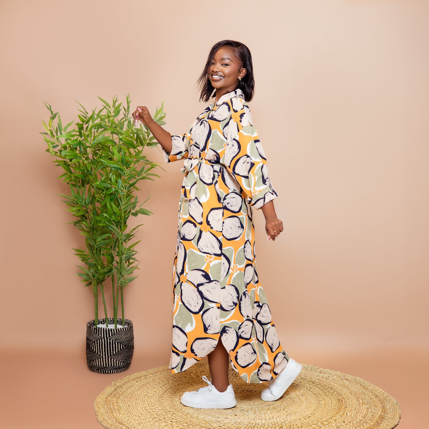 Tropical Floral Scalloped Hem Maxi Dress - Olive Green/Mustard