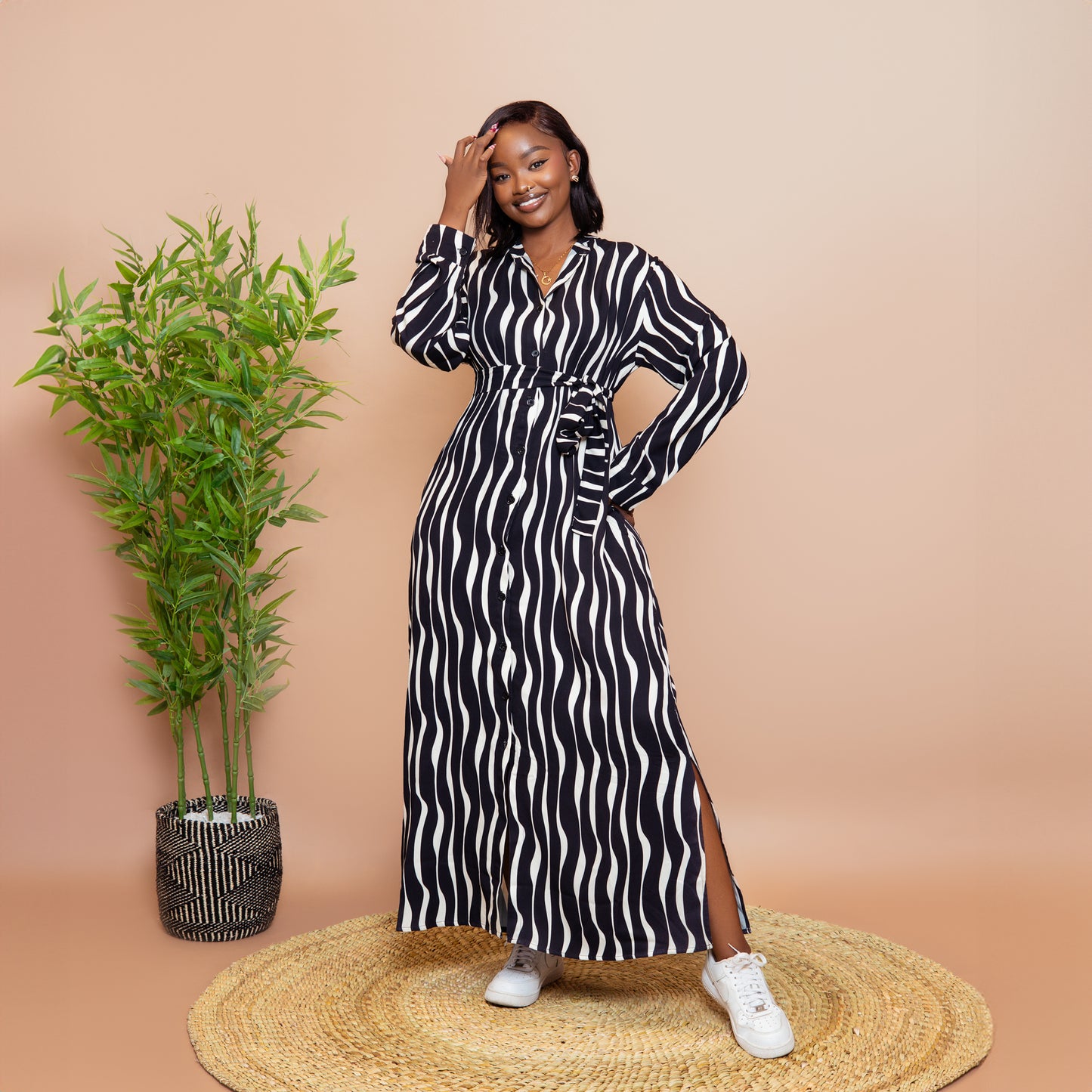 Nia Wavy Stripe Maxi Shirt Dress - Black