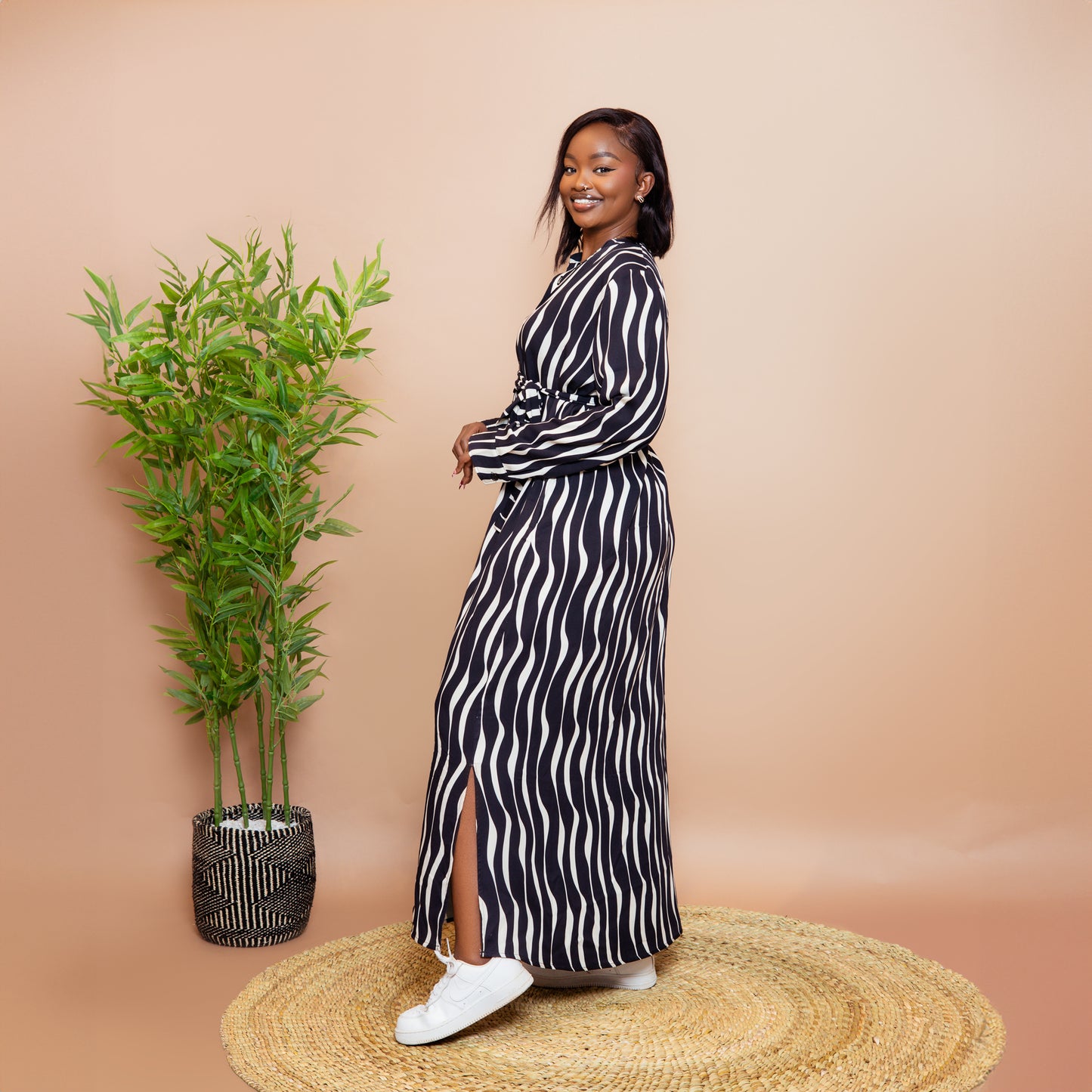 Nia Wavy Stripe Maxi Shirt Dress - Black