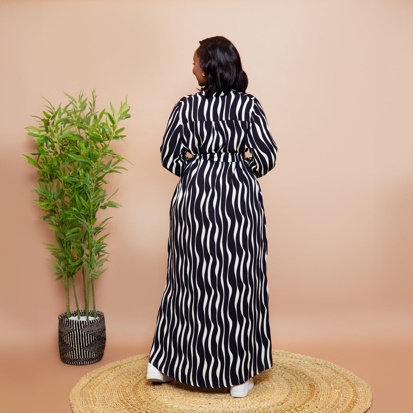 Nia Wavy Stripe Maxi Shirt Dress - Black