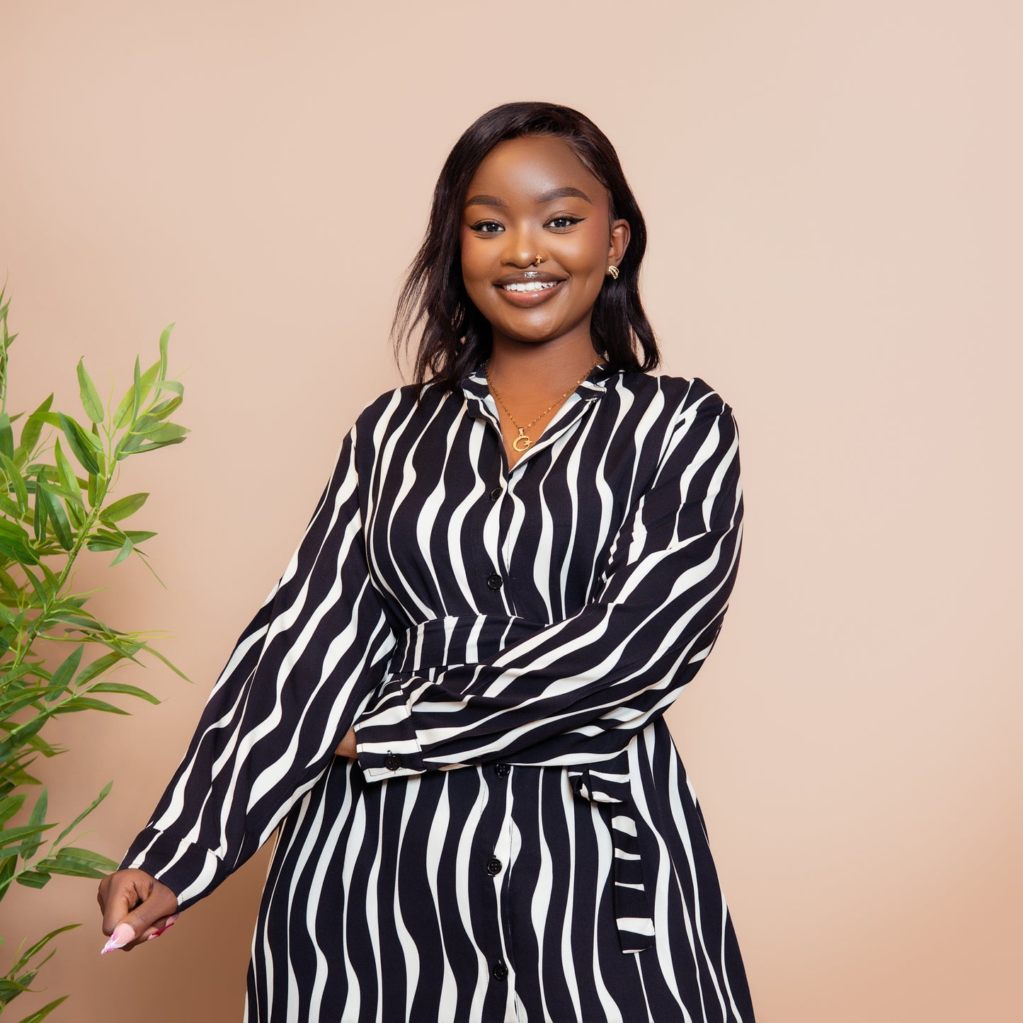 Nia Wavy Stripe Maxi Shirt Dress - Black