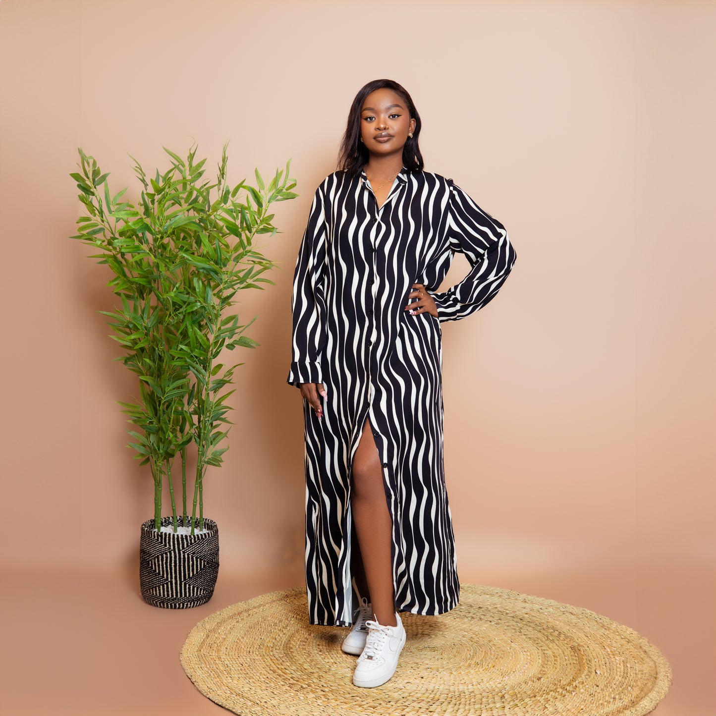 Nia Wavy Stripe Maxi Shirt Dress - Black
