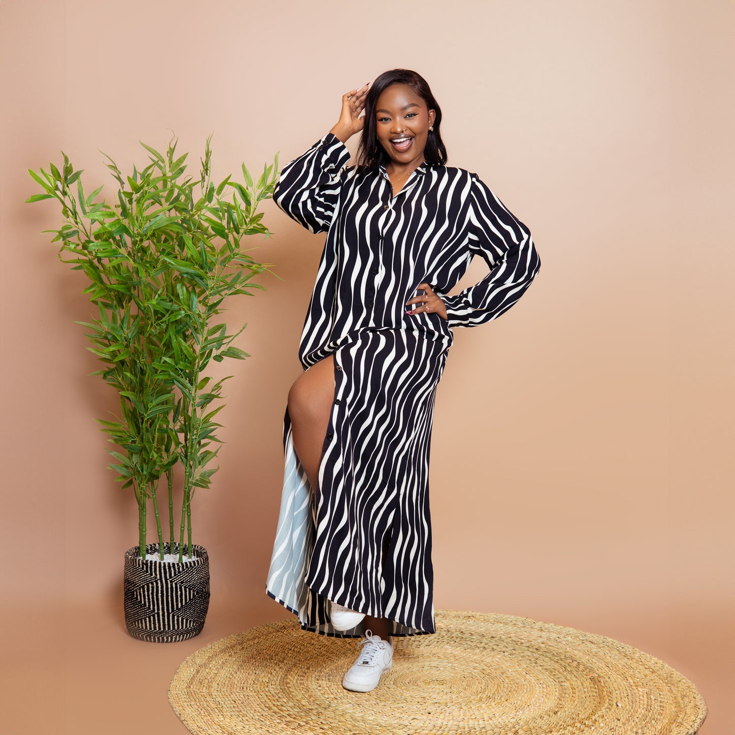 Nia Wavy Stripe Maxi Shirt Dress - Black