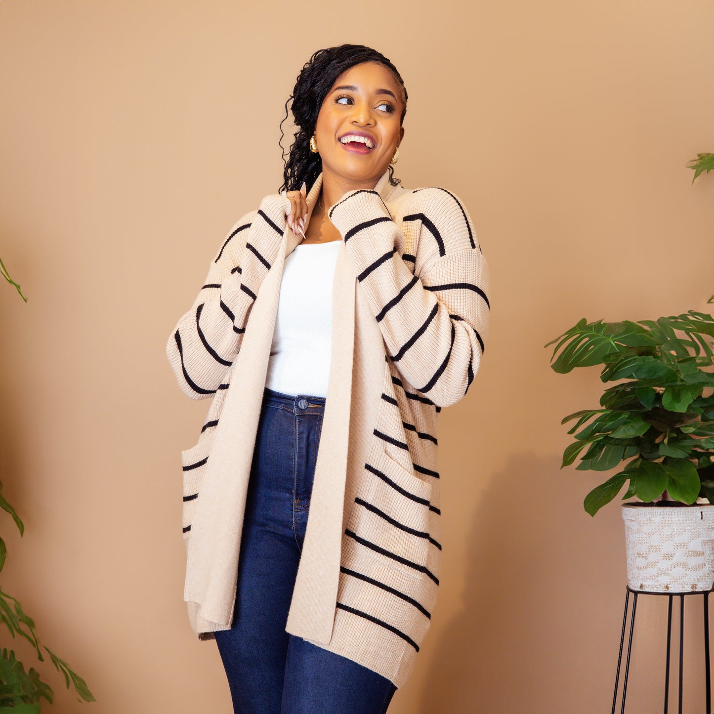 Black Stripe Shawl Neckline Cardigan
