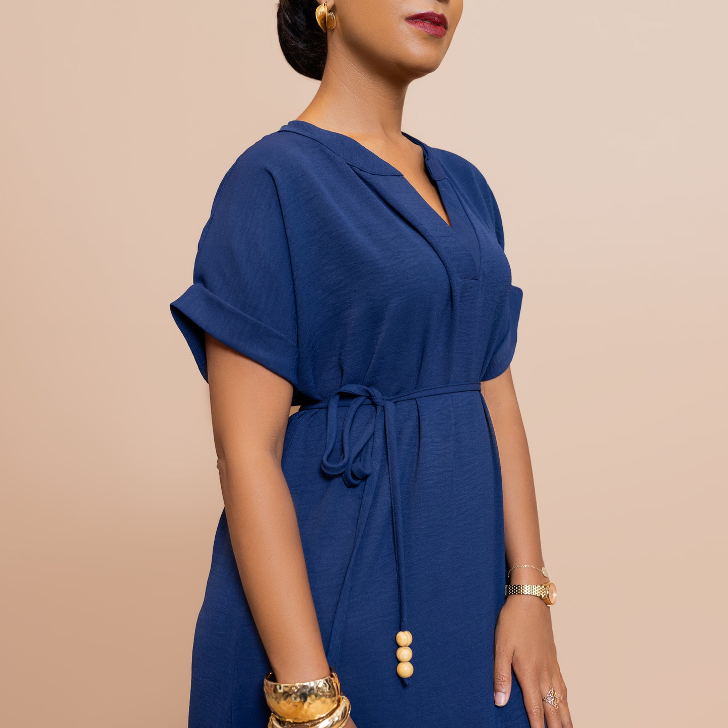 Maxi Dress with Beaded Tie Belt - Navy Blue