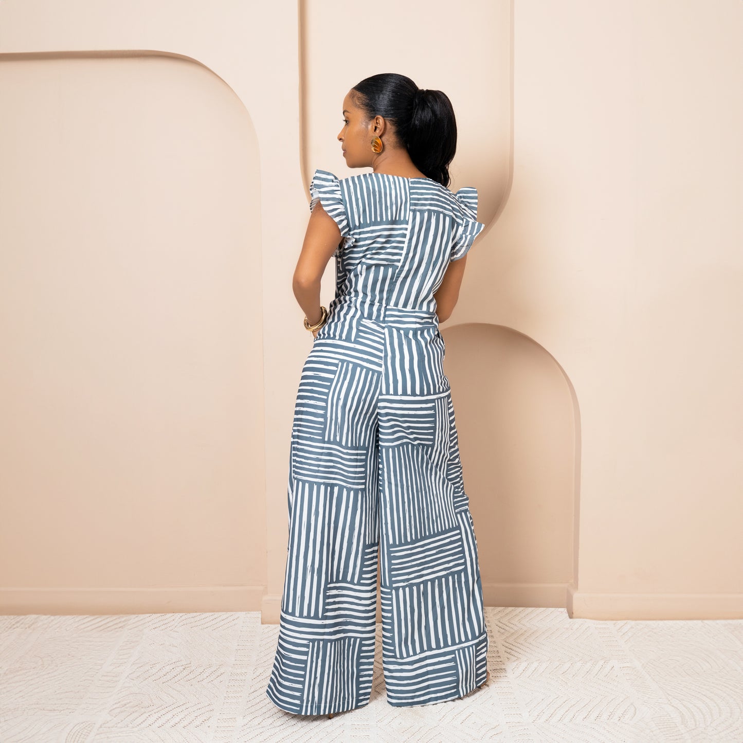 Nia Wide Leg Flutter Sleeve Jumpsuit - Cool Sage Mixed Stripe