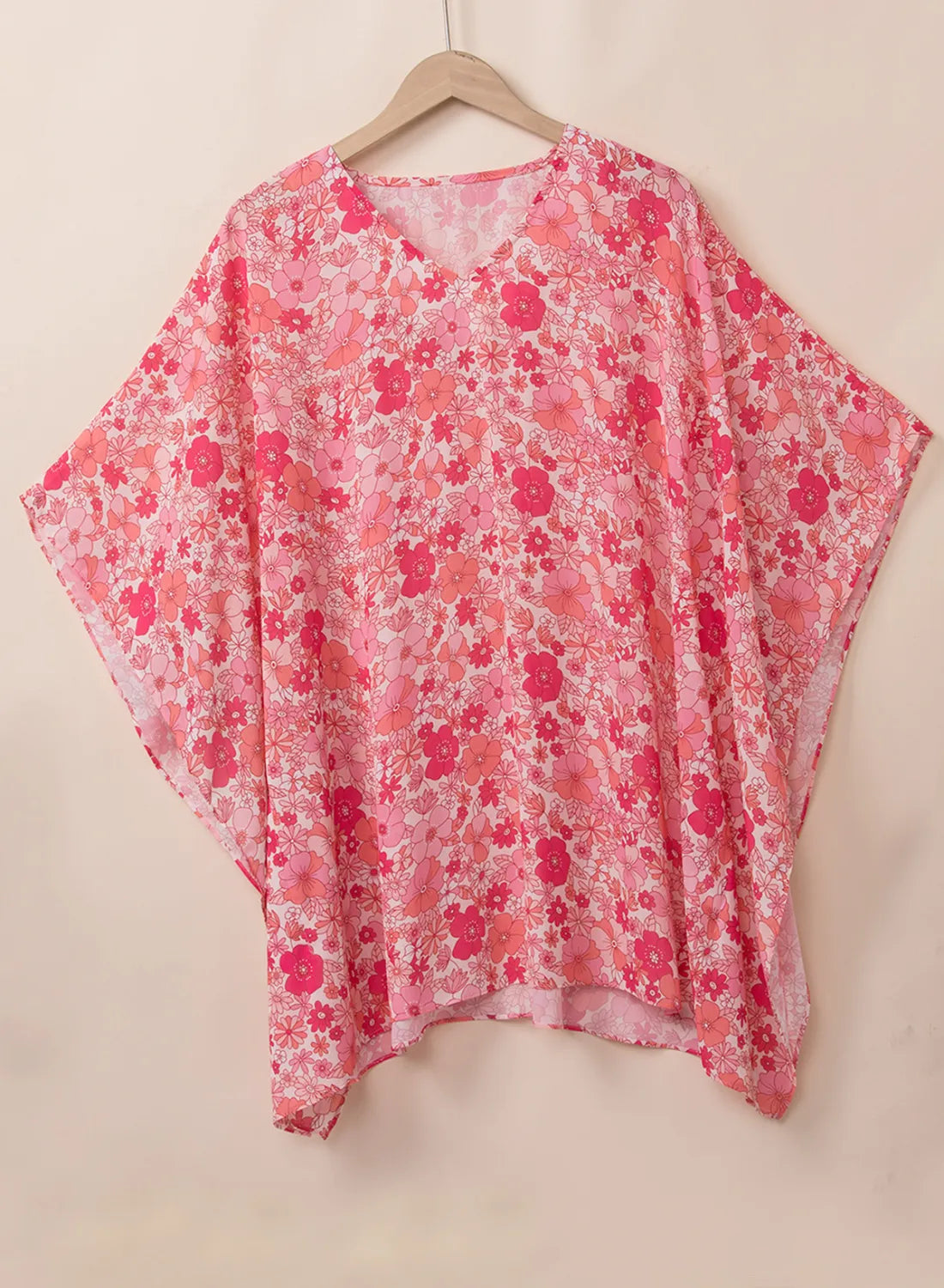 Floral V Neck Kimono Style Blouse - Pink