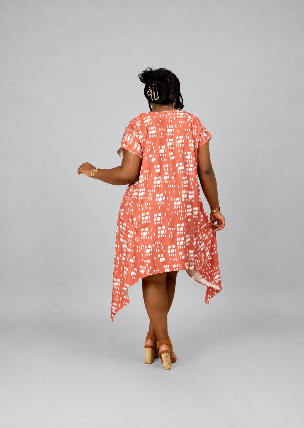 Nia Asymmetric Midi Dress - Coral Dash Print