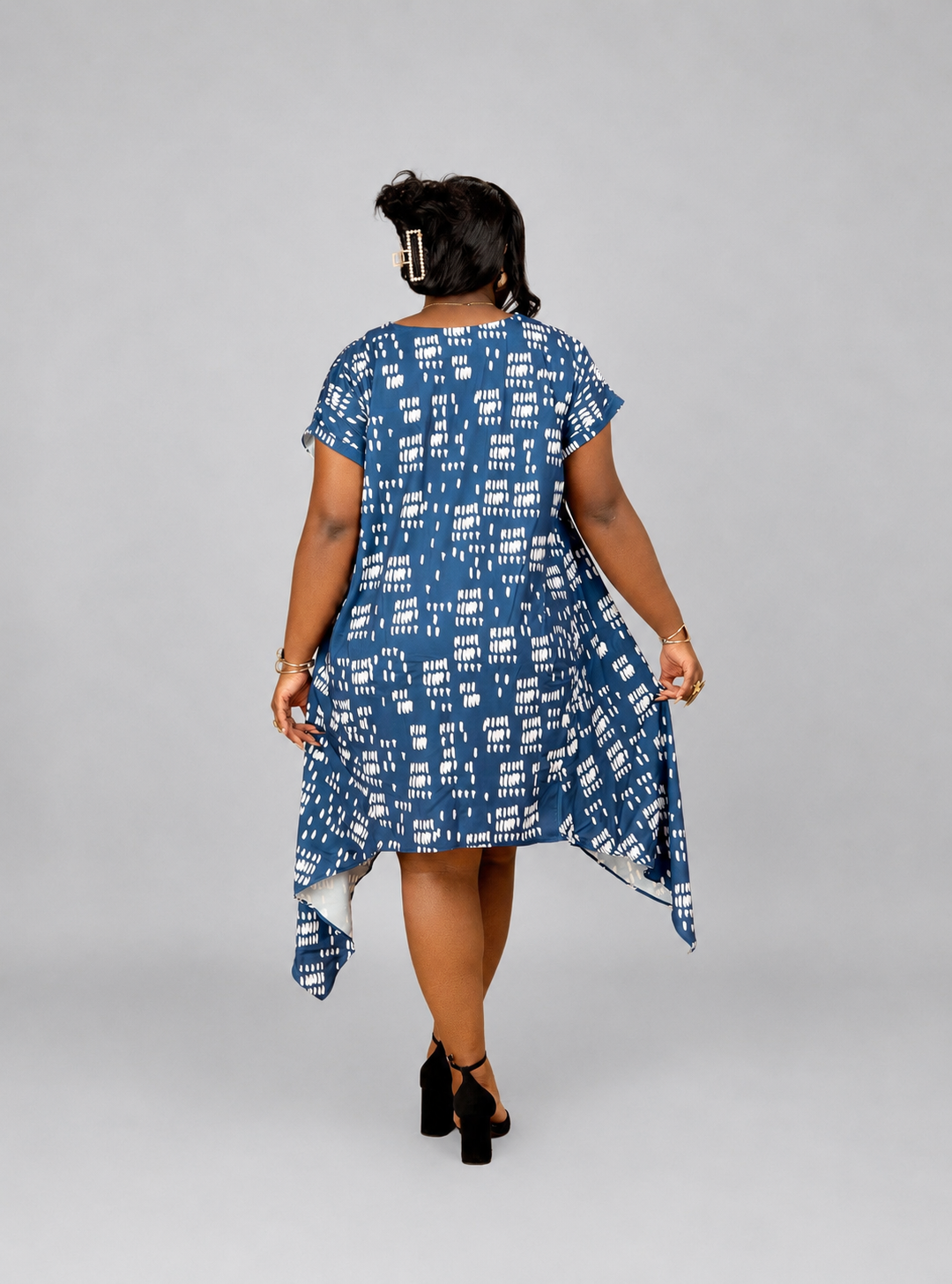 Nia Asymmetric Midi Dress - Blue Dash Print