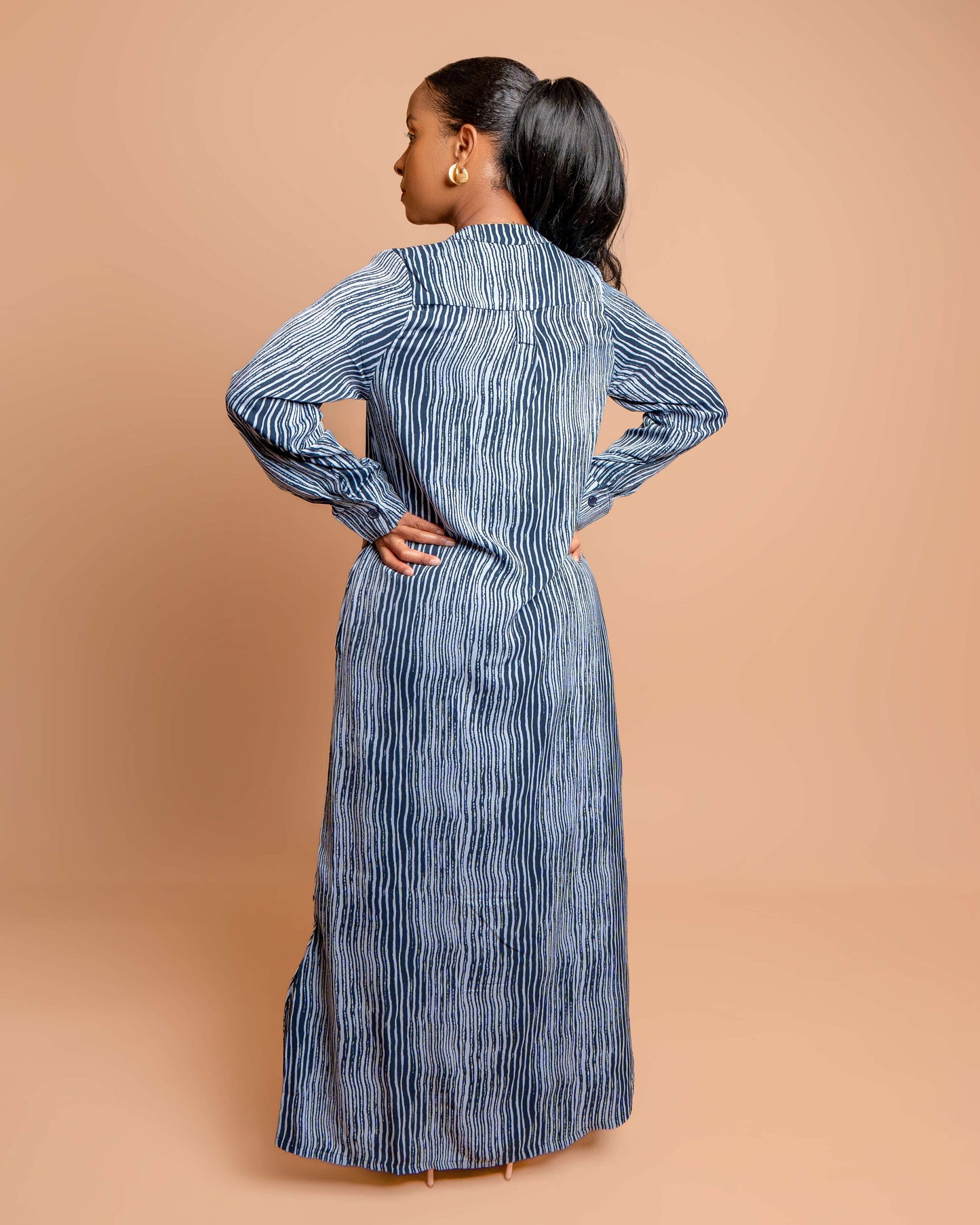 Button-Down Maxi Dress with Belt - Blue Stripes