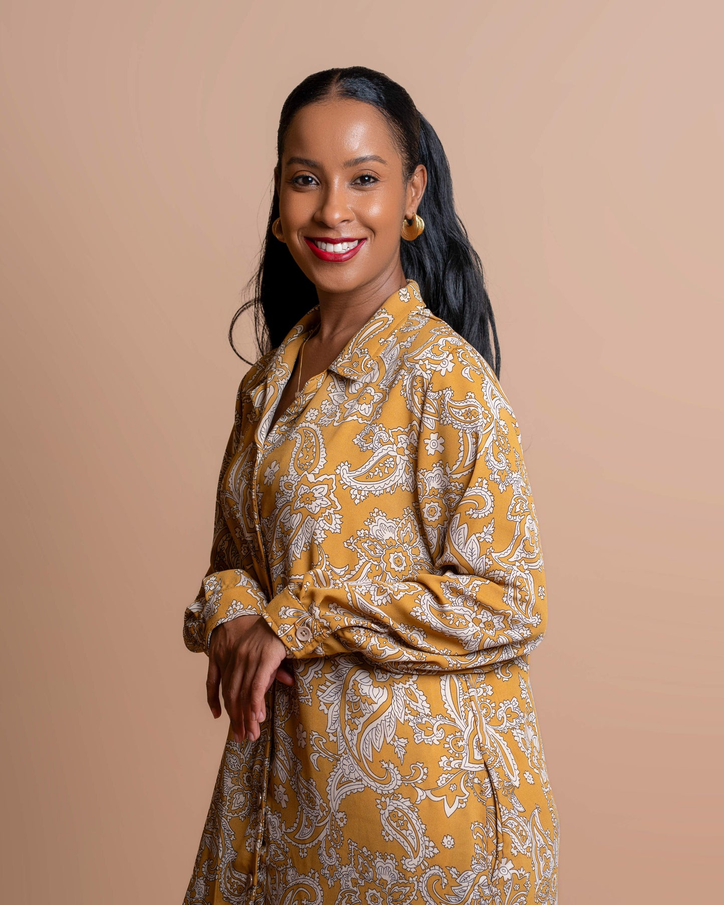 Long-sleeved High Low Dress - Paisley Floral Print
