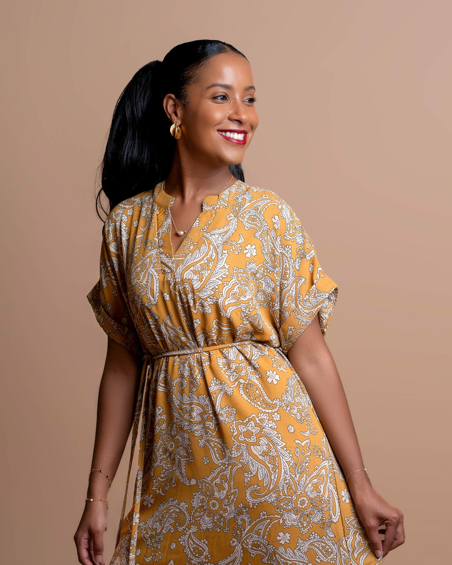 Maxi Dress with Beaded Tie Belt - Floral Paisley Print