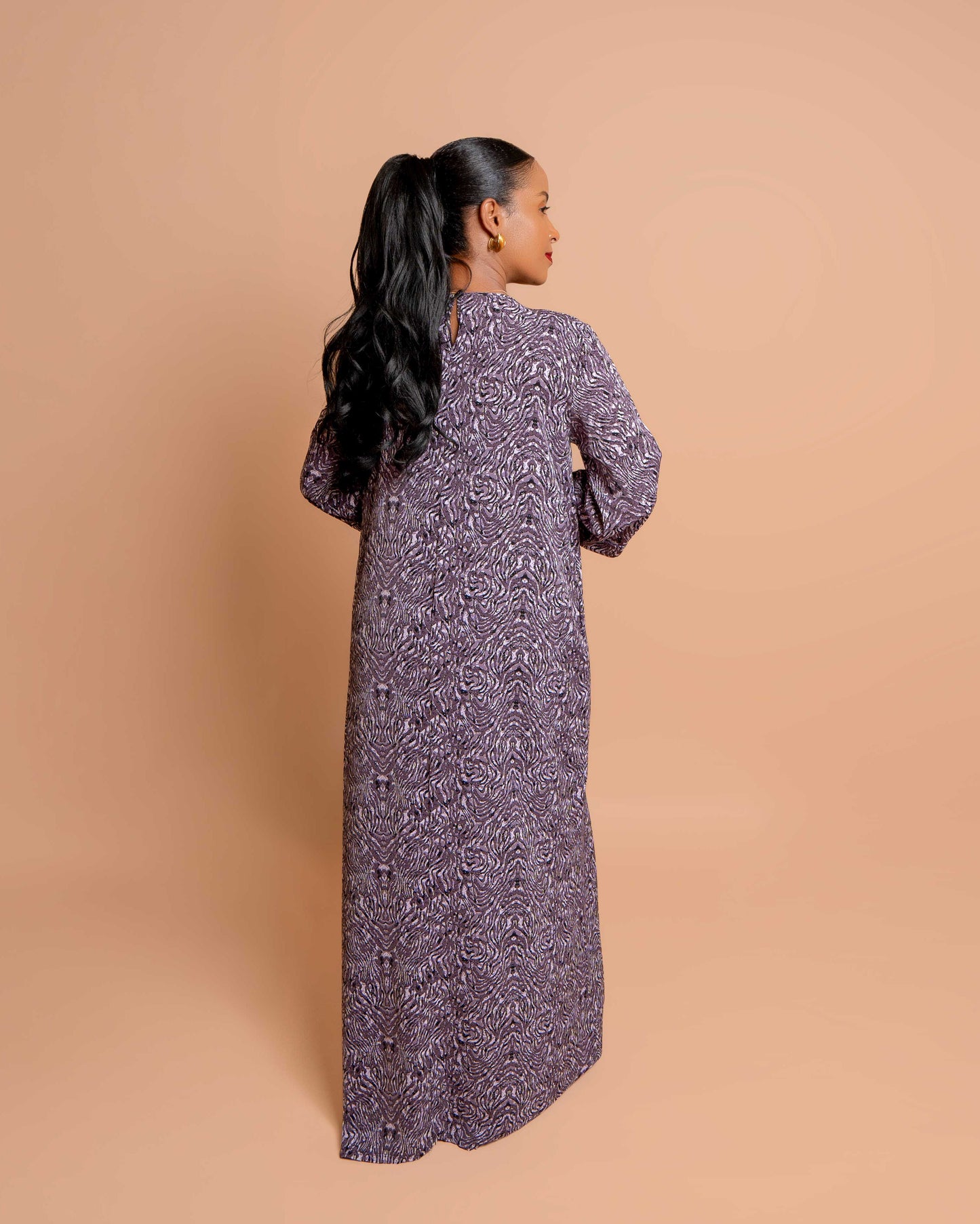 Round Neck Belted Maxi Dress - Purple Abstract Ripple