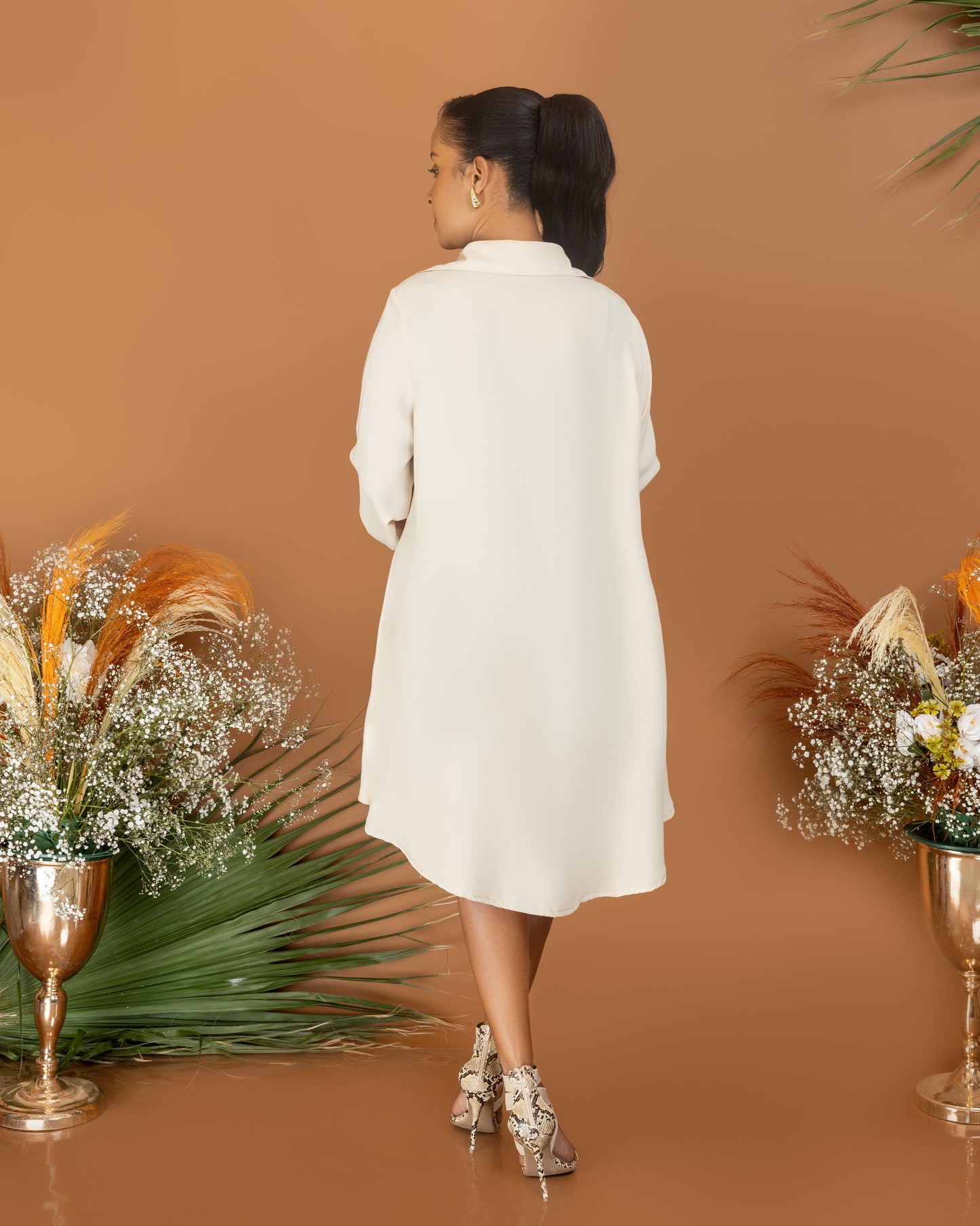 Button Front Smock Shirt Dress - Soft Beige