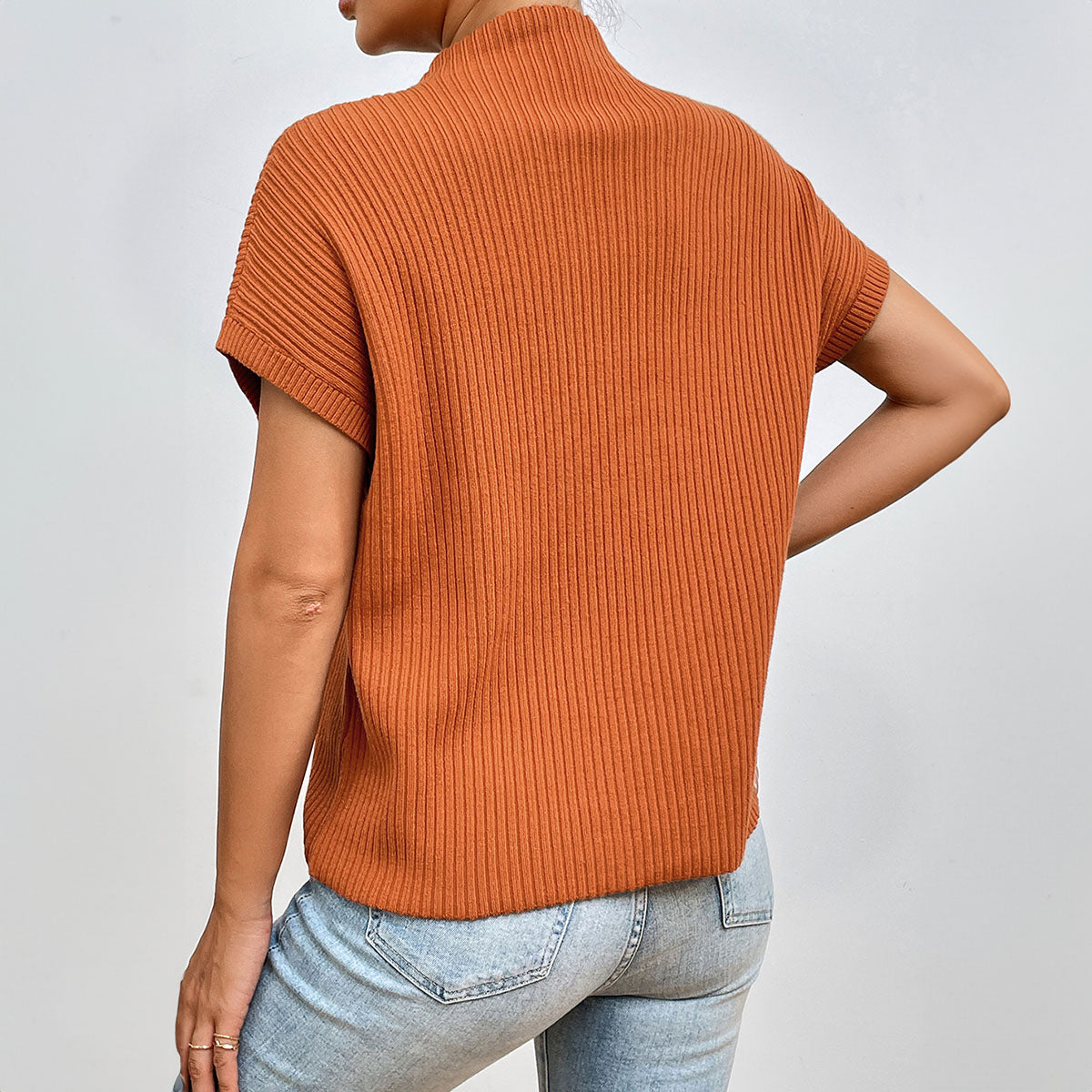 Ribbed Mock Neck Knit Top - Burnt Orange