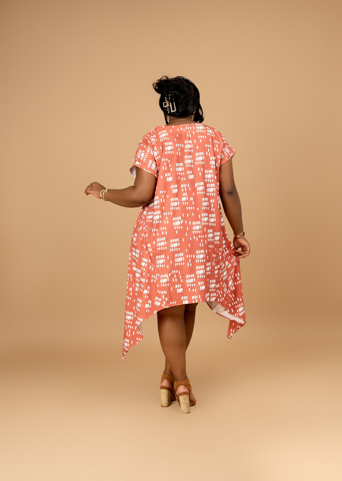 Nia Asymmetric Midi Dress - Coral Dash Print