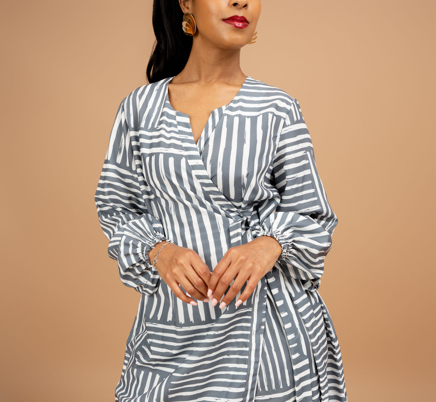 Nia Knee Length Wrap Dress - Cool Sage Mixed Stripe