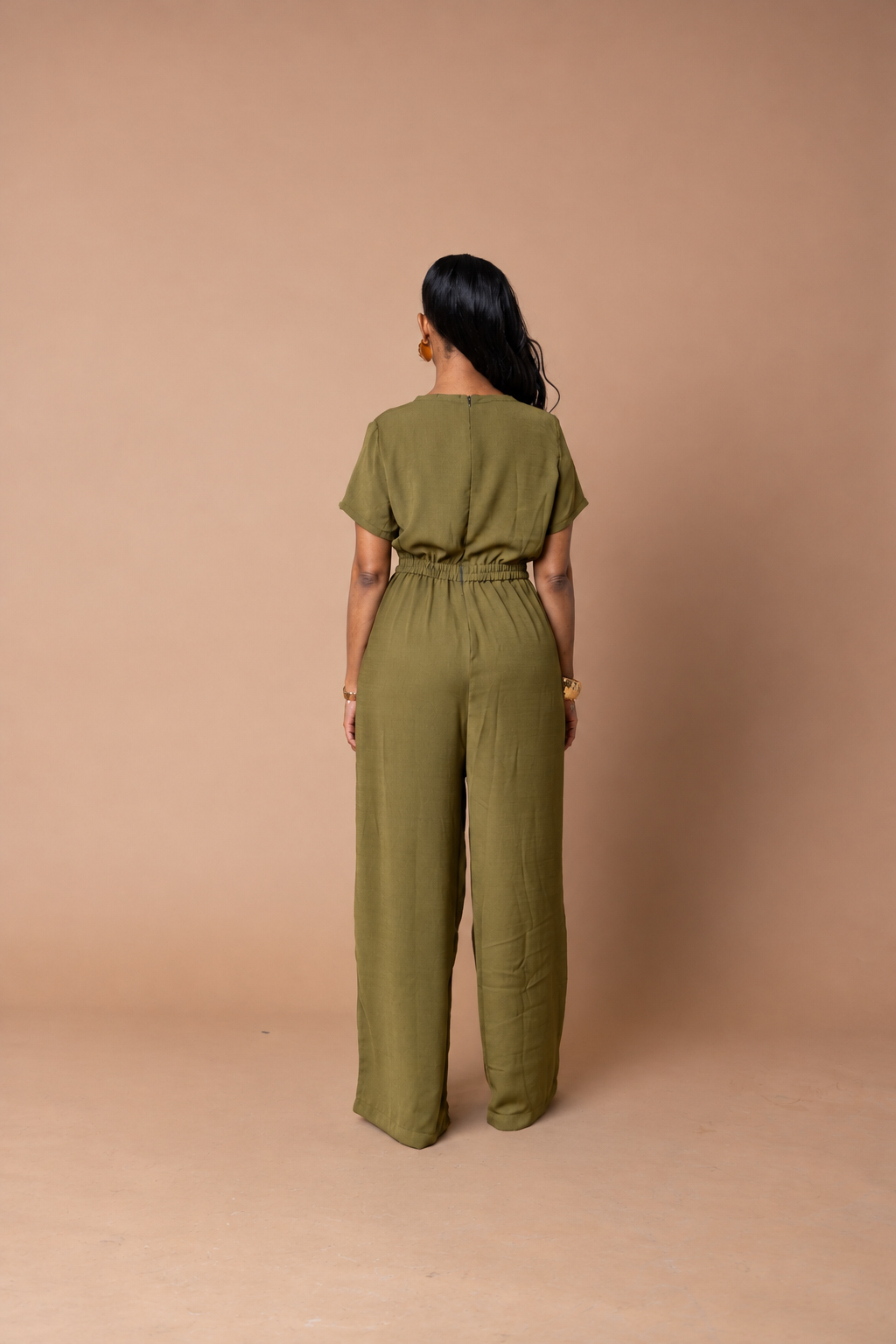 Elastic Waist Short Sleeve Wide-Leg Jumpsuit - Olive Green