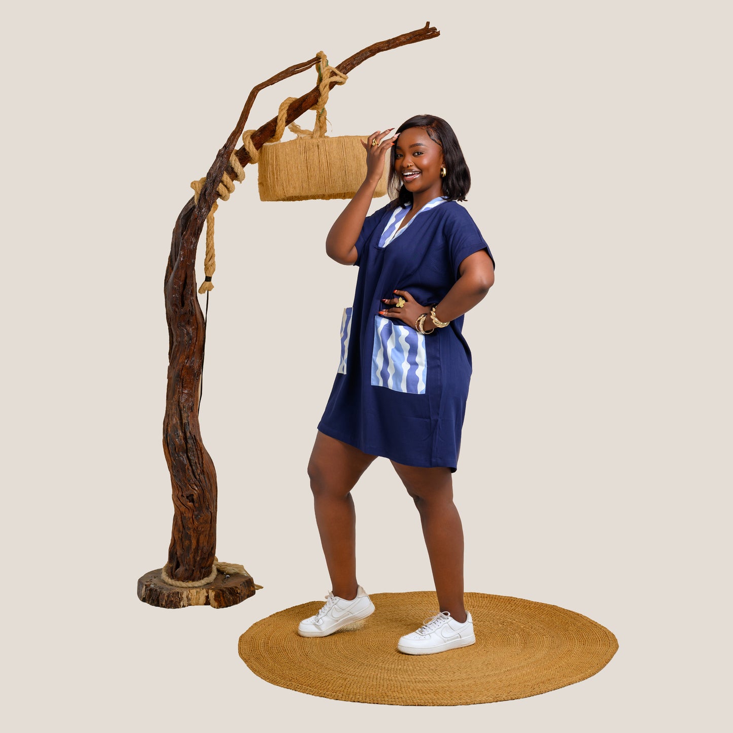 Nia Short Kaftan with Stripe Contrast Panels - Navy Blue