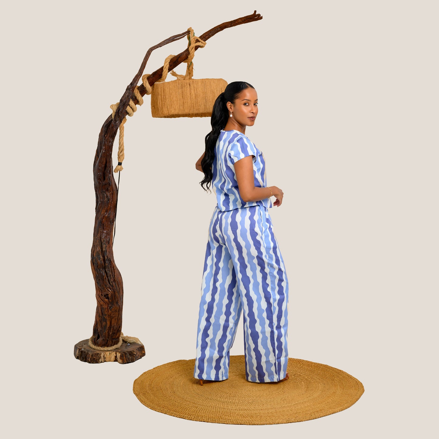 Nia Short Sleeve Top & Palazzo Set - Blue Stripes