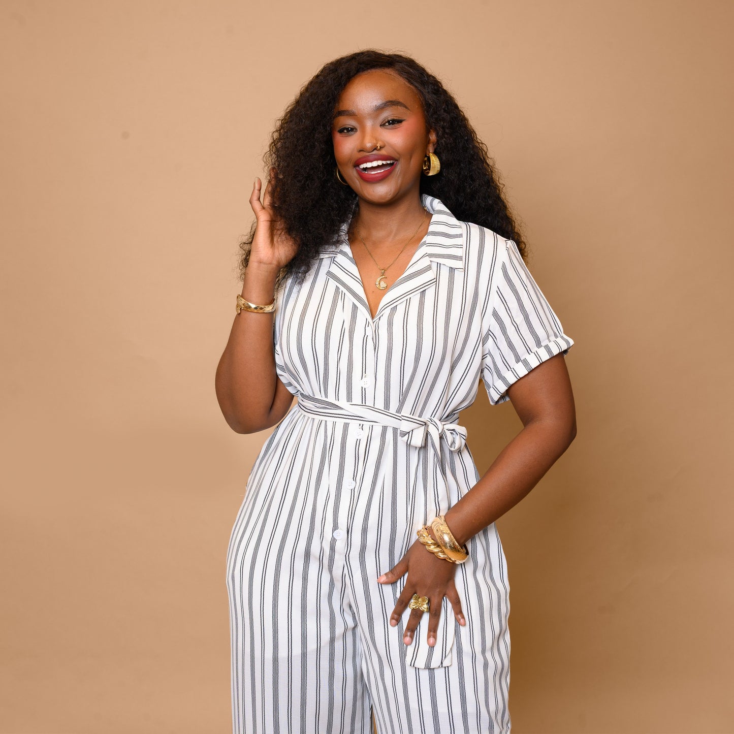 Wide Leg Belted Jumpsuit - Black & White Stripe