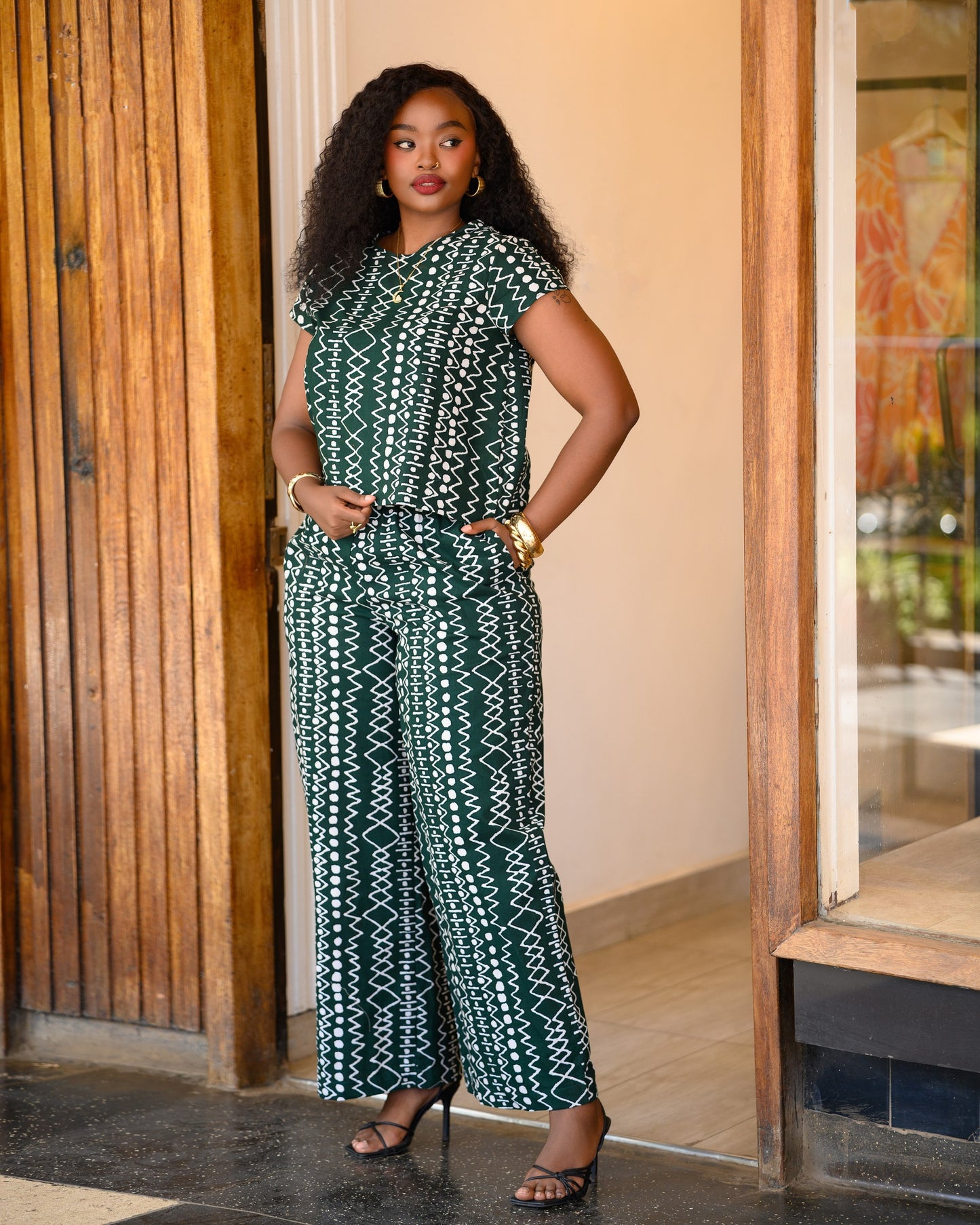 Short Sleeve Top & Palazzo Set - Jungle Green Tribal Print