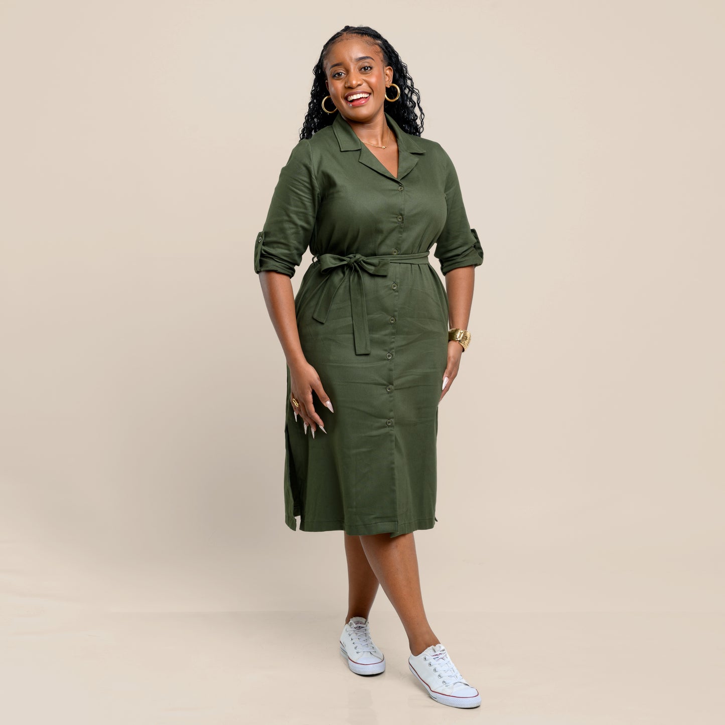 Safari Shirt Midi Dress with Tie Belt - Army Green