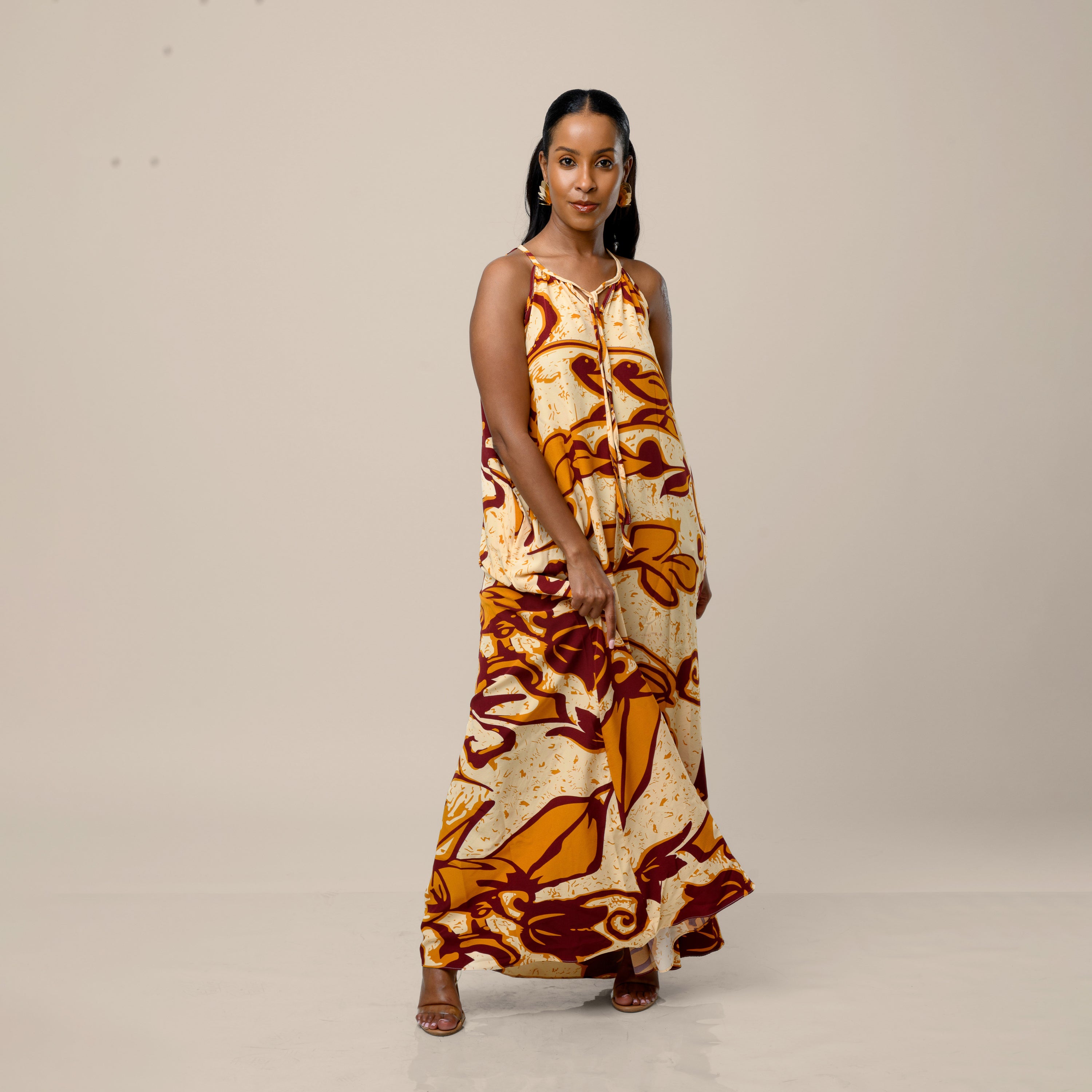 evaluna rust abstract plisse sleeveless maxi dress Sleeveless Maxi Dress