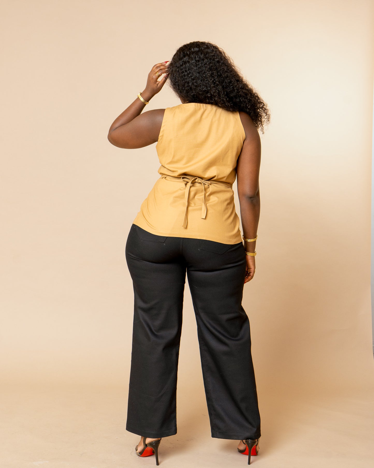 Button Front Tie Back Vest Top - Camel Brown