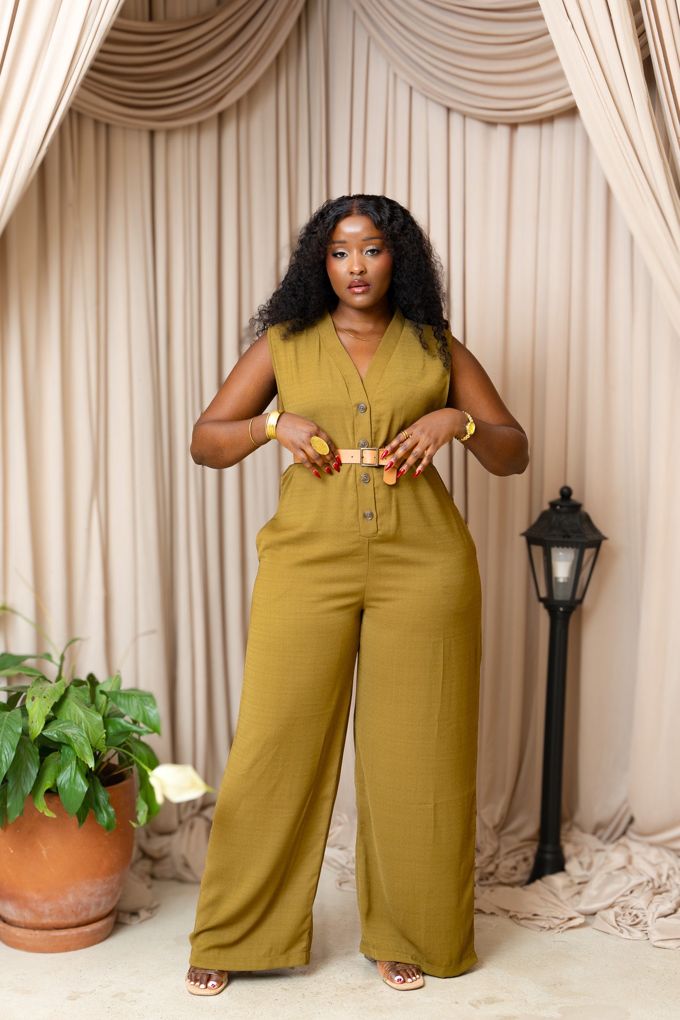 Button Front Wide Leg Jumpsuit - Olive