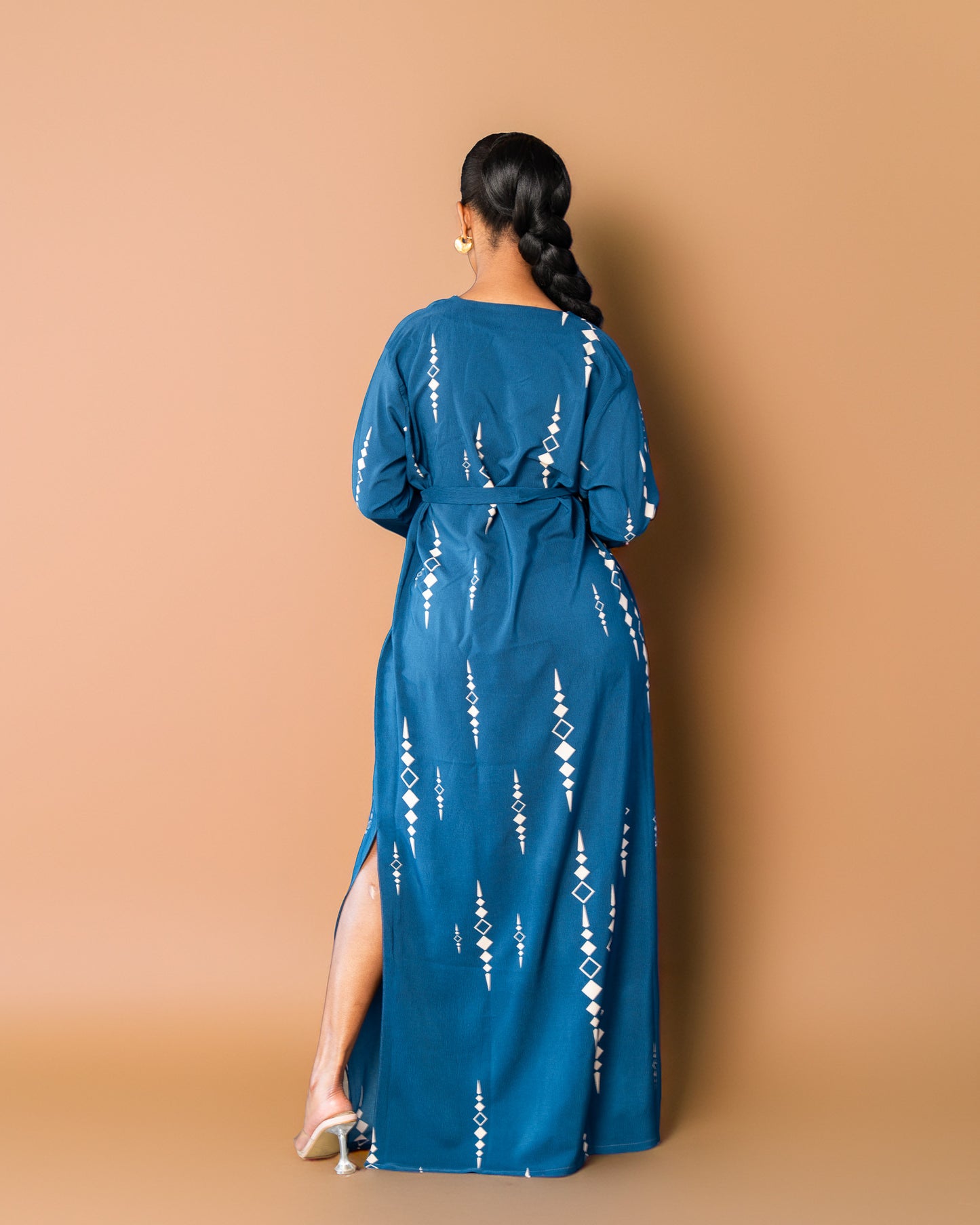 Belted Maxi Kaftan - Teal Geometric