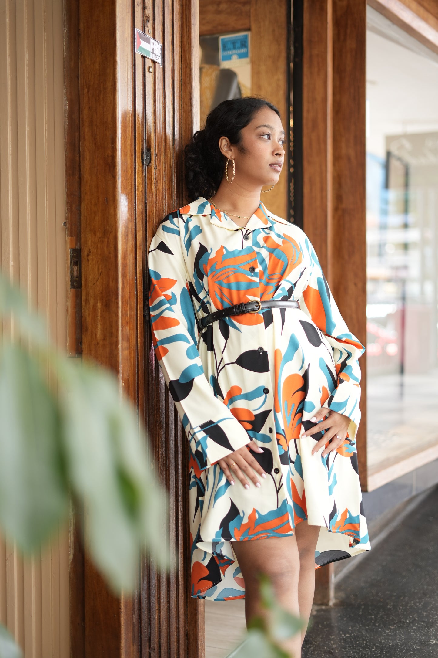 Long Sleeve High Low Shirtdress - Teal Floral