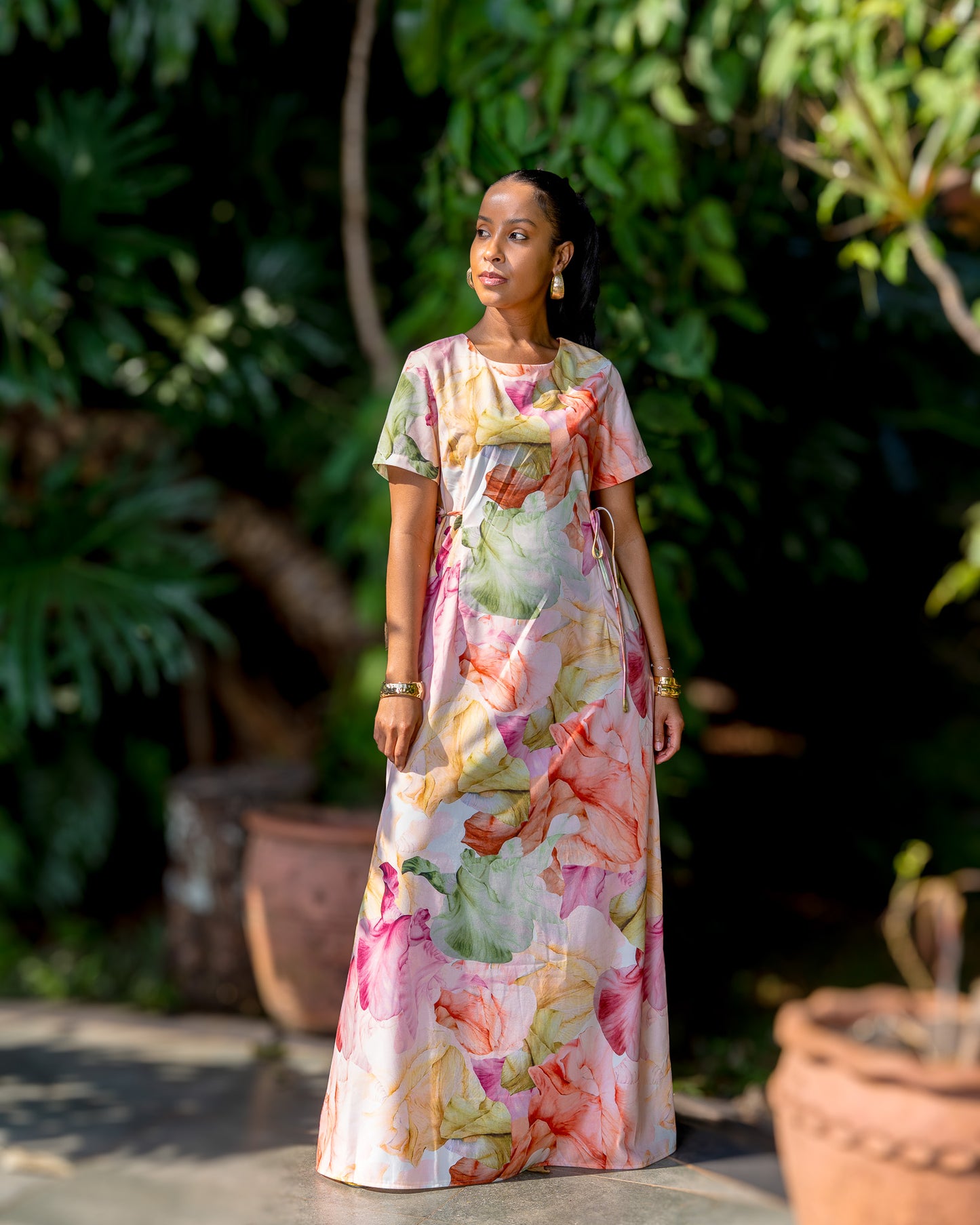 Short Sleeve Side Tie Maxi Dress - Peach