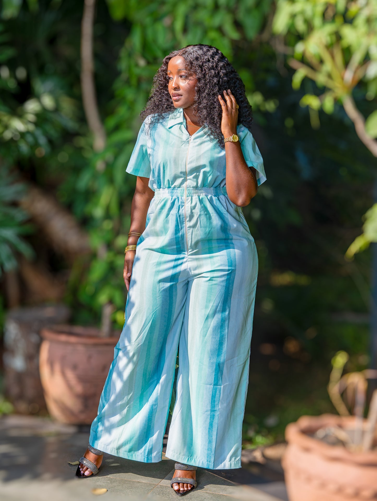 Short Sleeve Zipped Jumpsuit - Aqua