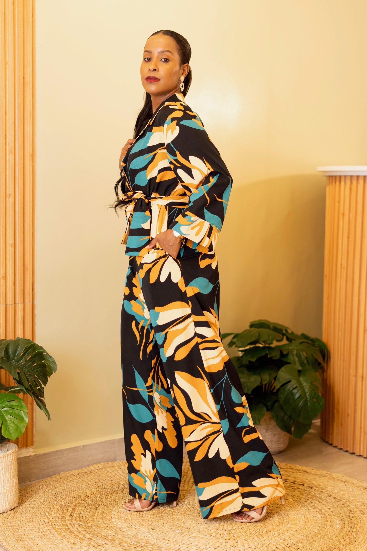 Wide Leg Belted Jumpsuit - Teal Floral