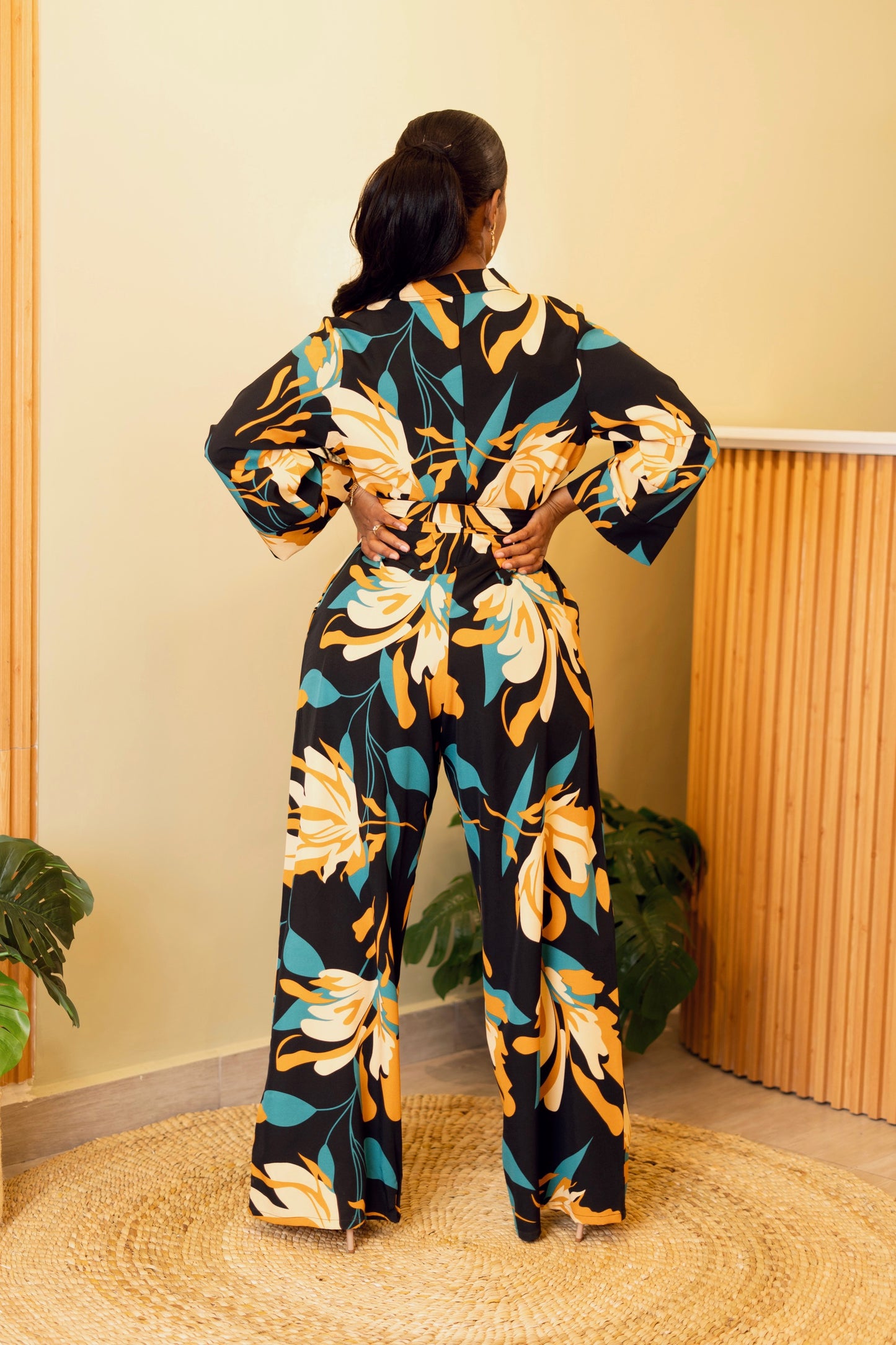 Wide Leg Belted Jumpsuit - Teal Floral