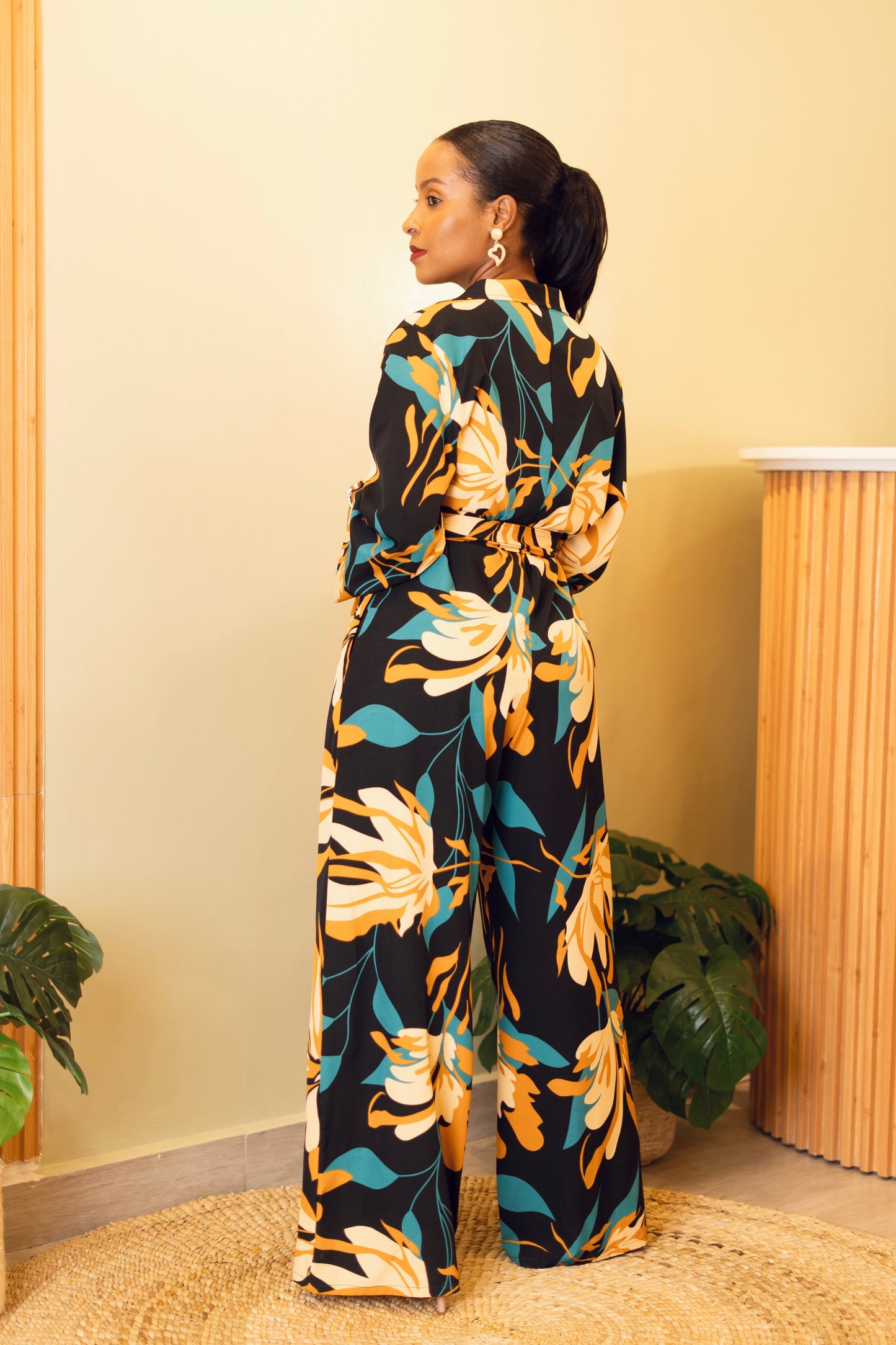 Wide Leg Belted Jumpsuit - Teal Floral