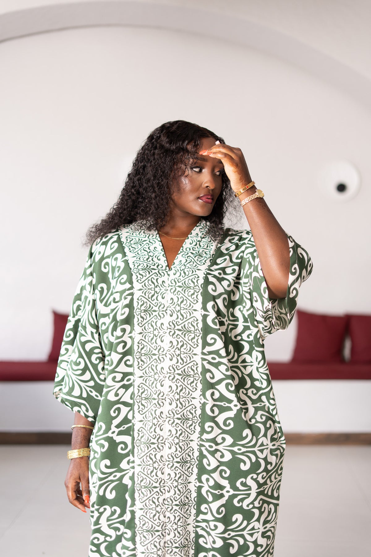 Damask Print Kaftan - Green