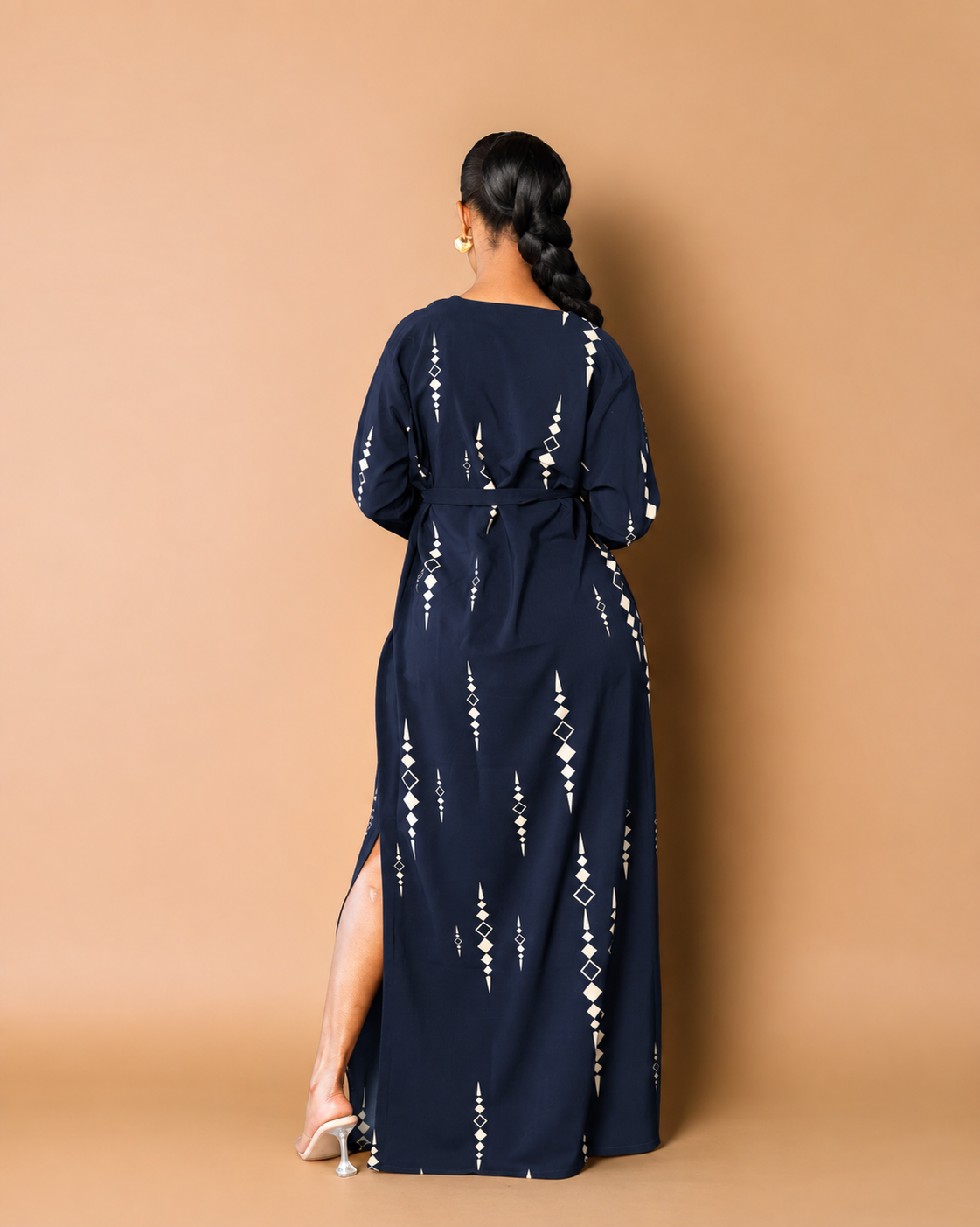 Belted Maxi Kaftan - Navy Blue Geometric