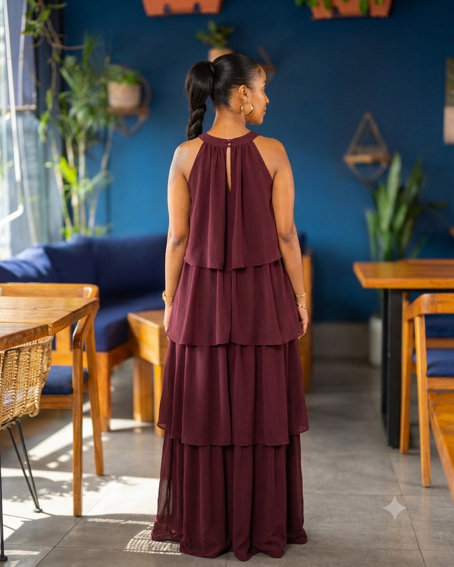 Layered Halter Maxi Dress - Mulberry