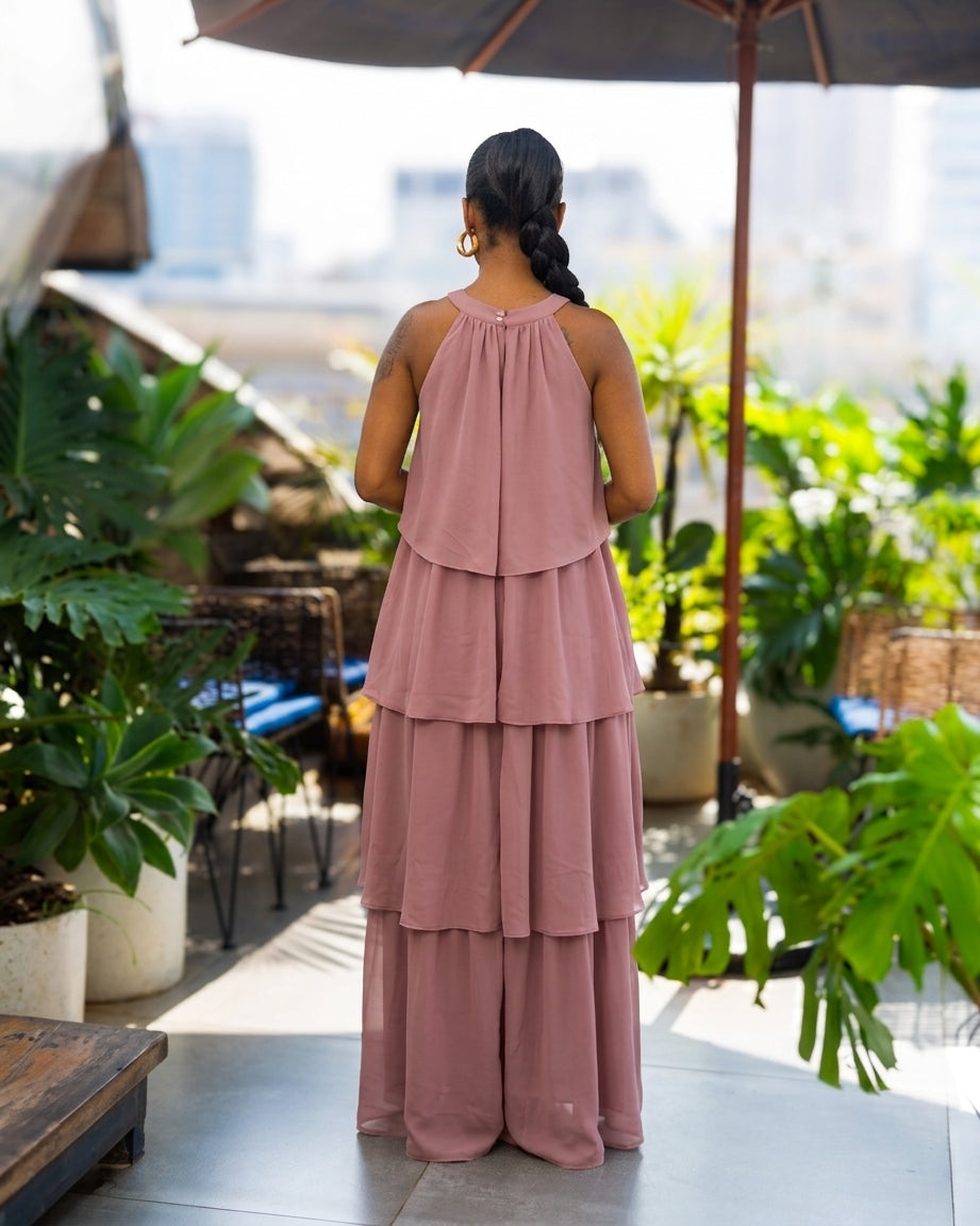 Layered Halter Maxi Dress - Dusty Rose