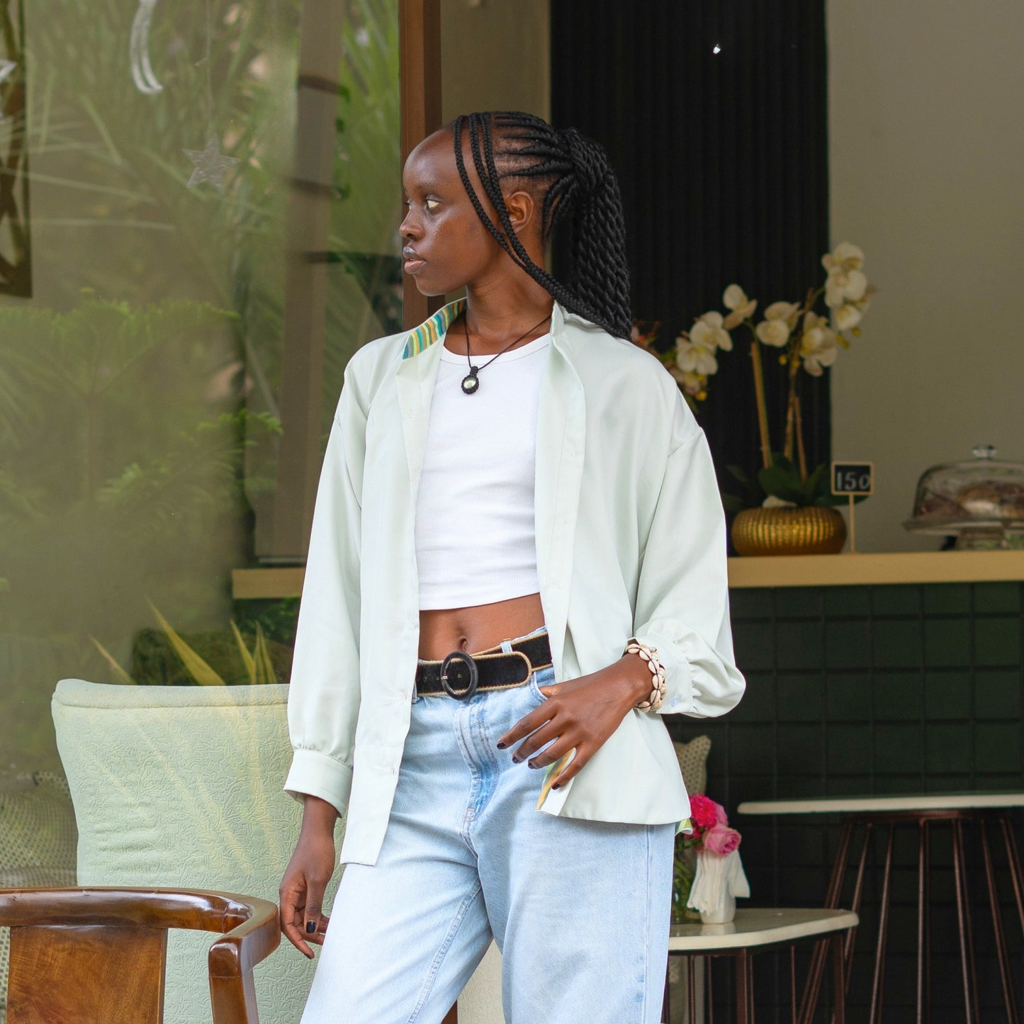 Classic Oversize Shirt with Contrast Panel - Soft Sage