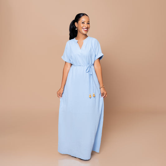 Cotton Maxi Dress with Beaded Tie Belt - Sky Blue