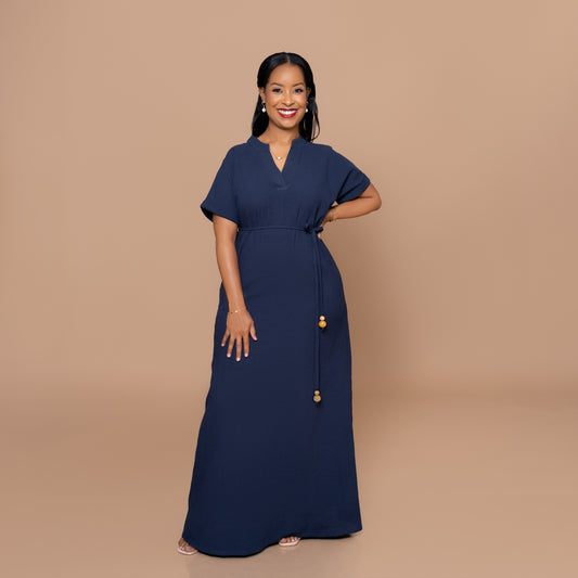 Cotton Maxi Dress with Beaded Tie Belt - Navy Blue