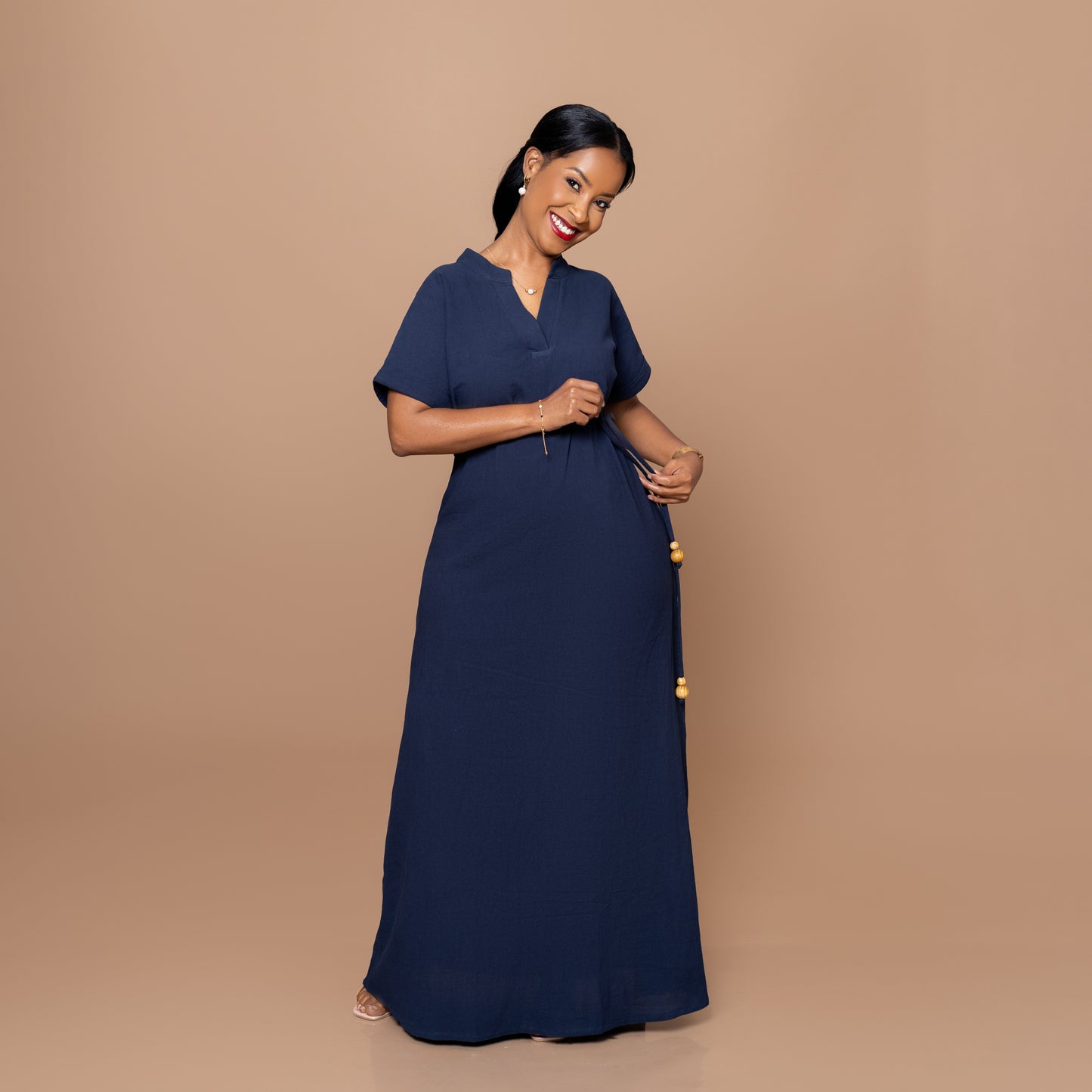 Cotton Maxi Dress with Beaded Tie Belt - Navy Blue