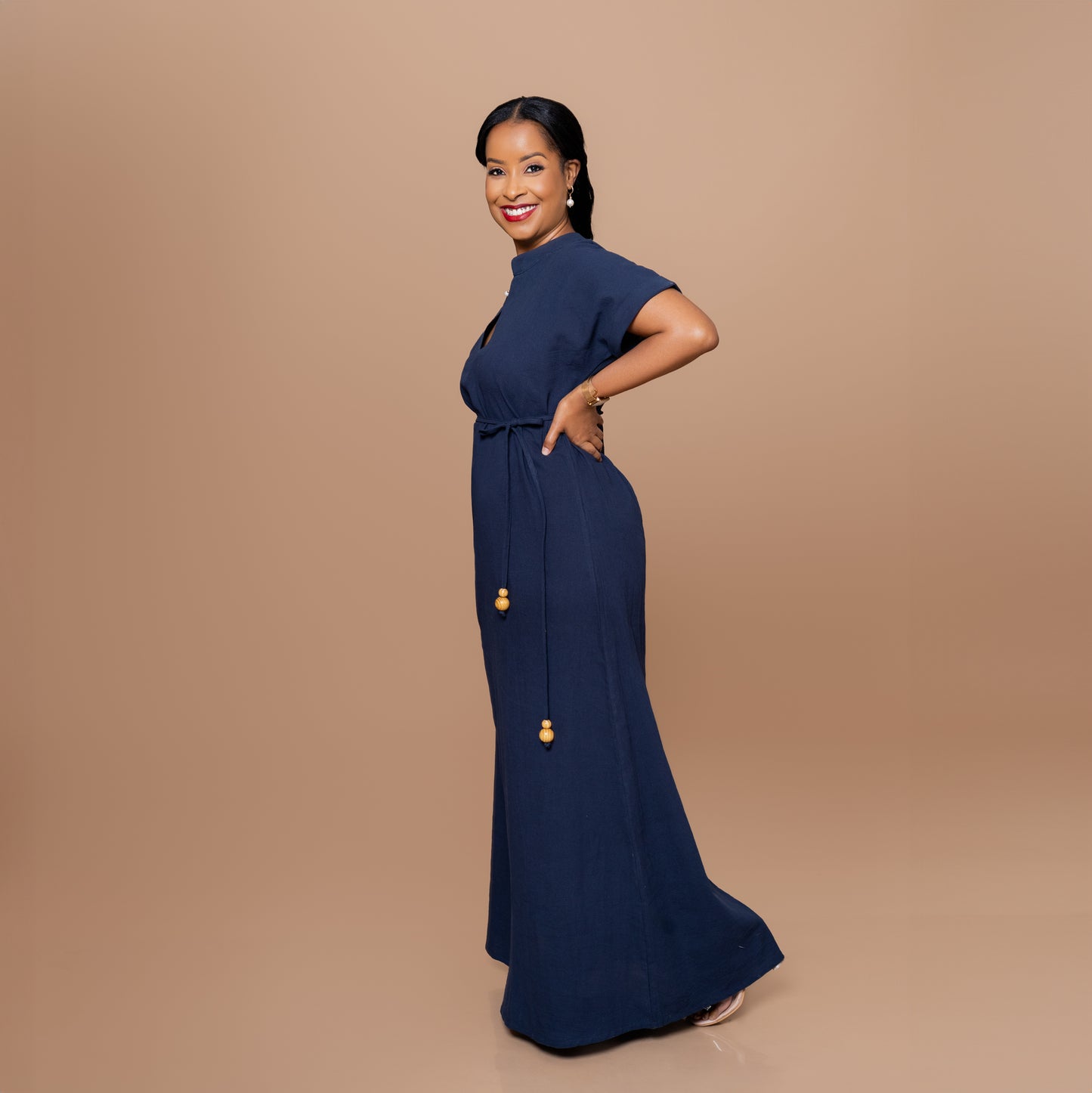 Cotton Maxi Dress with Beaded Tie Belt - Navy Blue
